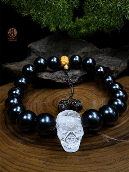 Collier mala crâne de cristal XXL – 18 perles d’ébène
