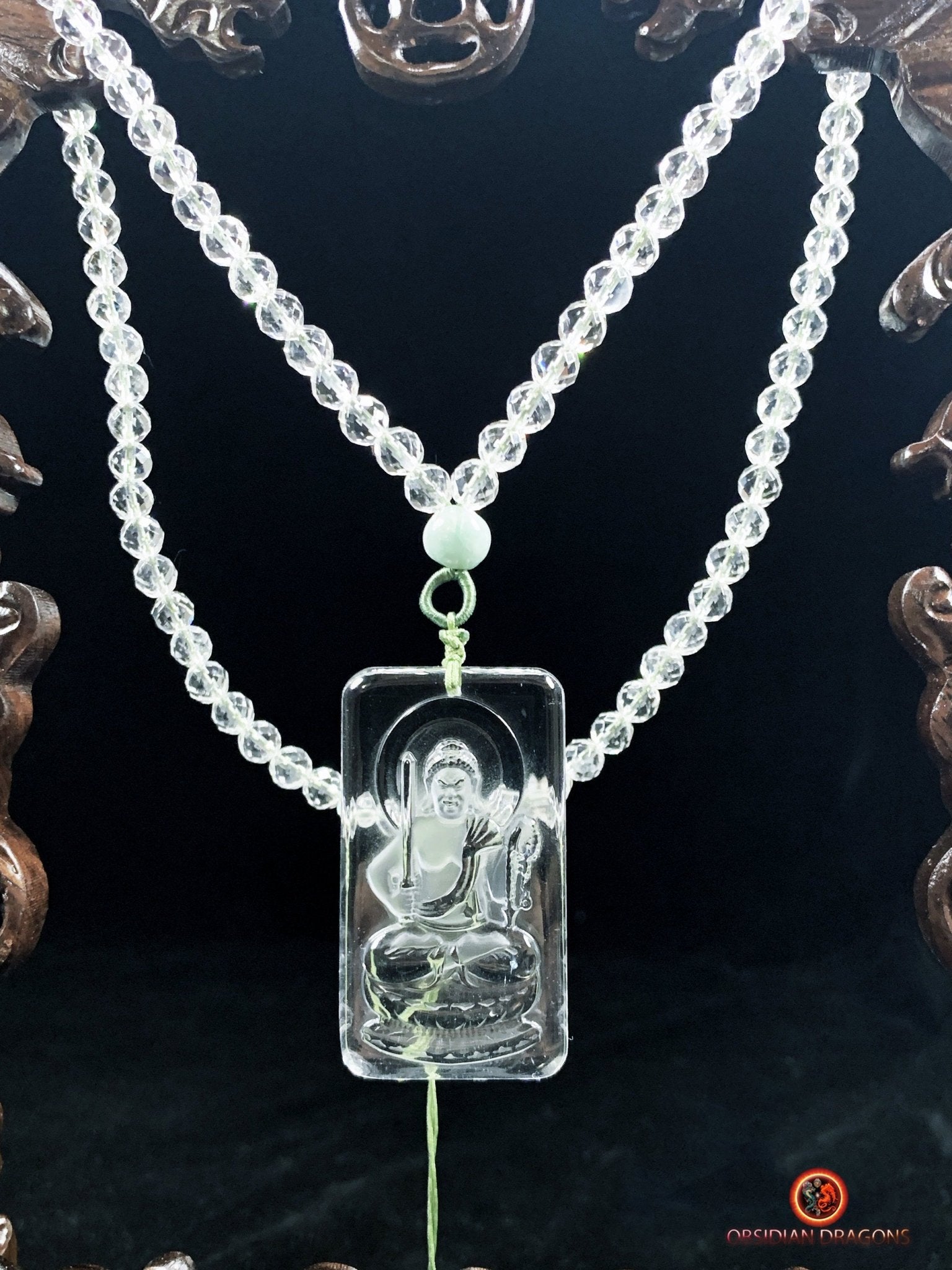 collier bouddhiste en cristal de roche gemme - Bouddha Acala | obsidian dragons