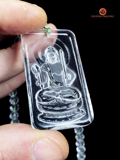 collier bouddhiste en cristal de roche gemme - Bouddha Acala | obsidian dragons