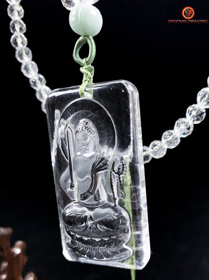 collier bouddhiste en cristal de roche gemme - Bouddha Acala | obsidian dragons