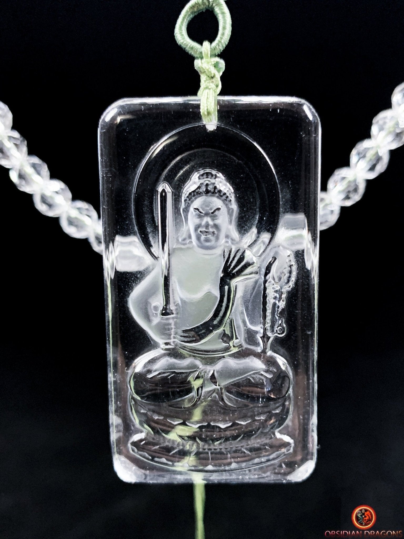 collier bouddhiste en cristal de roche gemme - Bouddha Acala | obsidian dragons