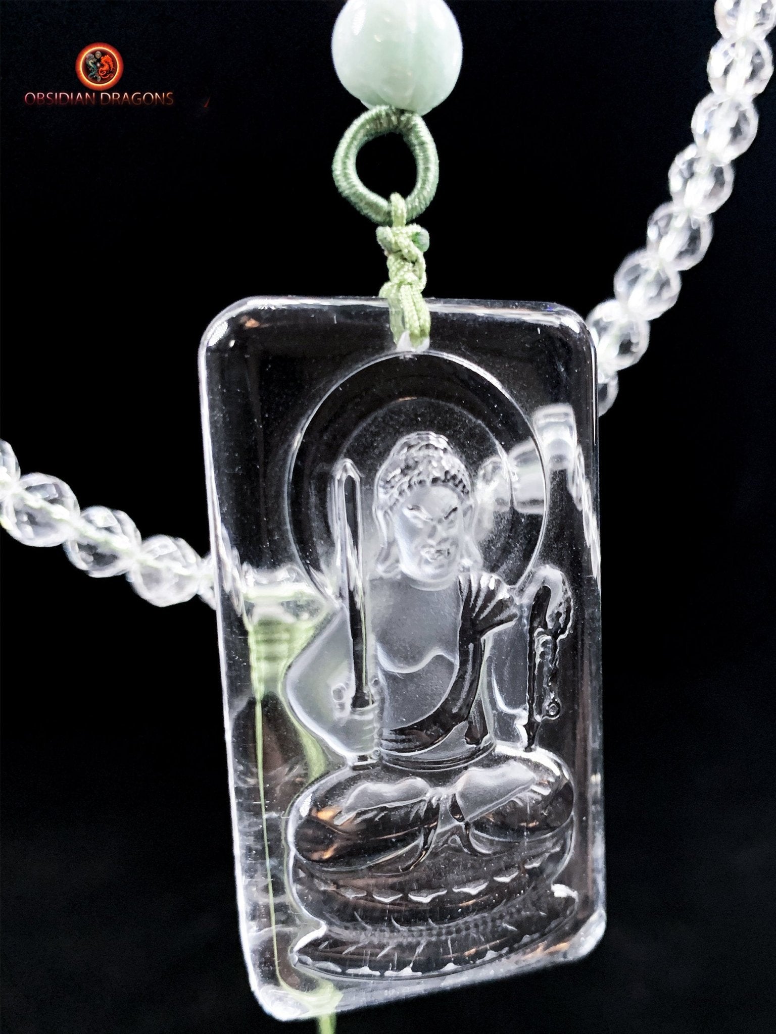 collier bouddhiste en cristal de roche gemme - Bouddha Acala | obsidian dragons