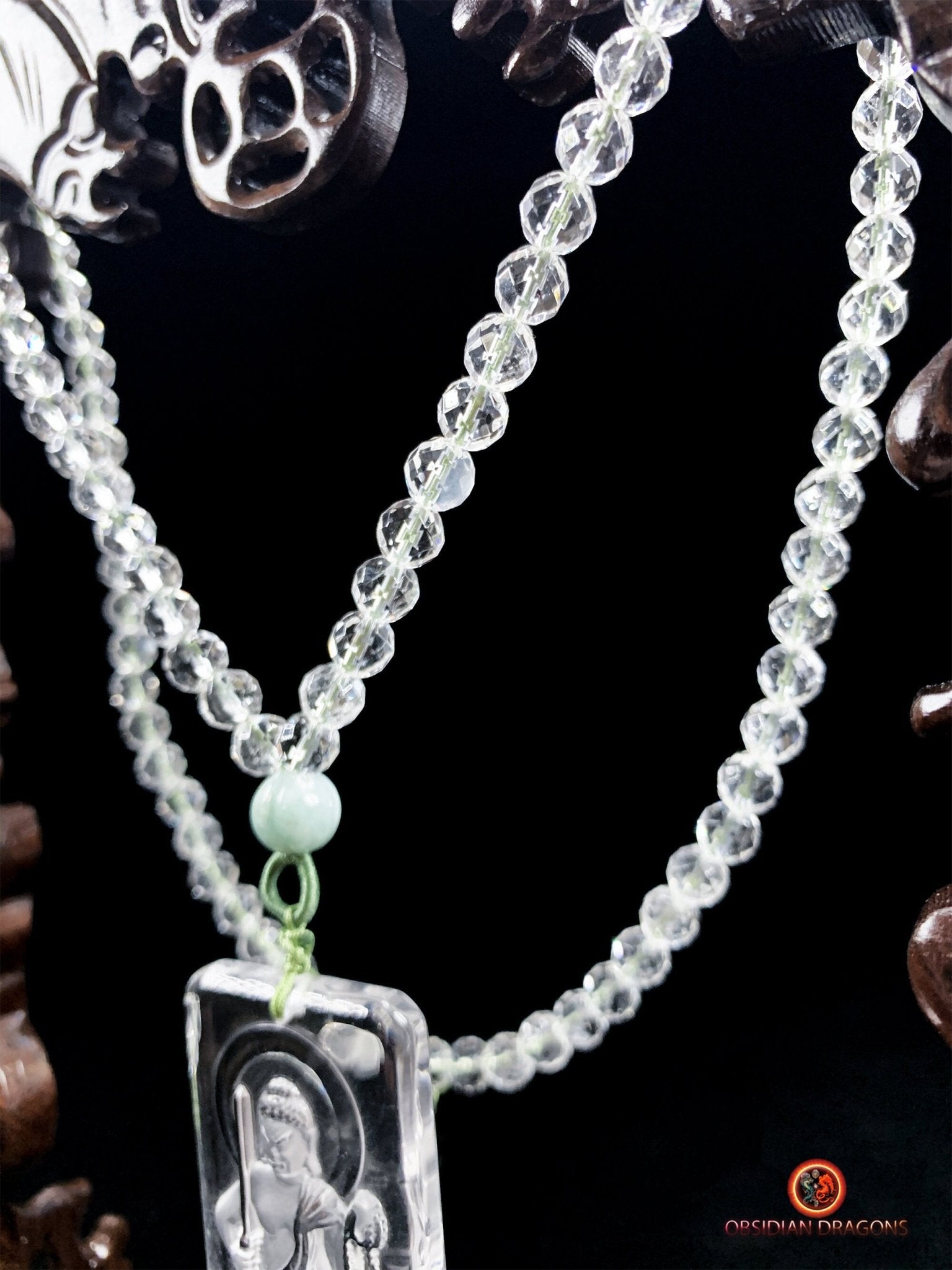 collier bouddhiste en cristal de roche gemme - Bouddha Acala | obsidian dragons