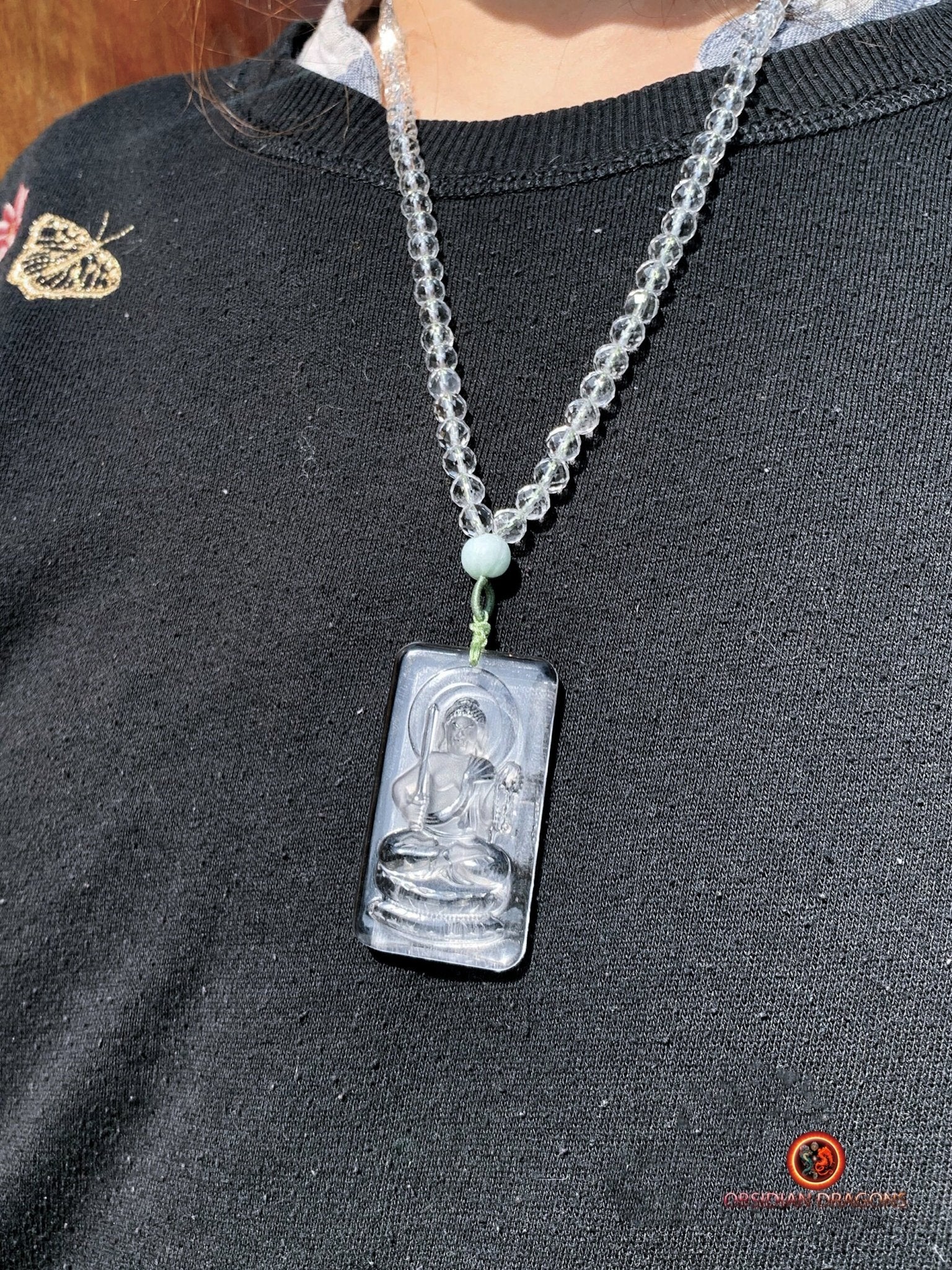 collier bouddhiste en cristal de roche gemme - Bouddha Acala | obsidian dragons
