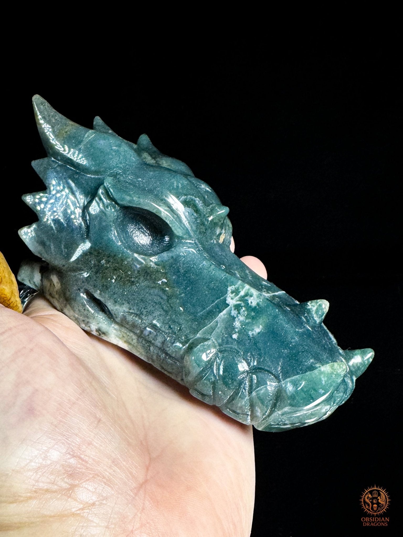 Crâne de dragon en agate mousse – Esprit sylvestre - obsidian dragons