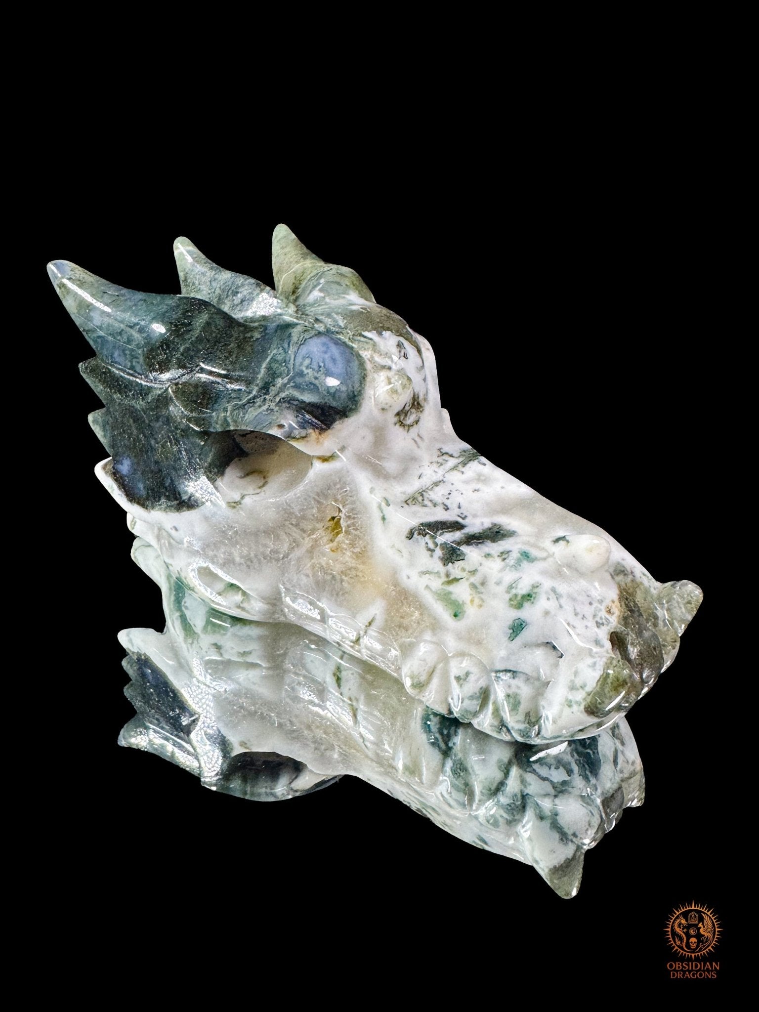 Crâne de dragon en agate mousse – Souffle de pierre - obsidian dragons