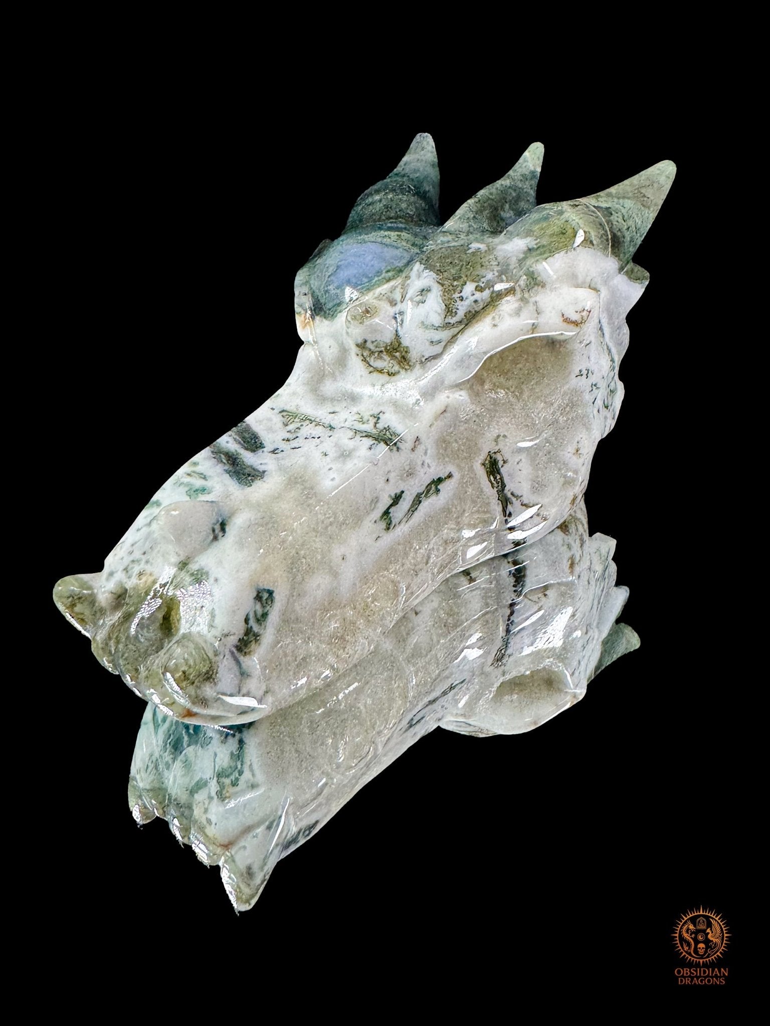 Crâne de dragon en agate mousse – Souffle de pierre - obsidian dragons