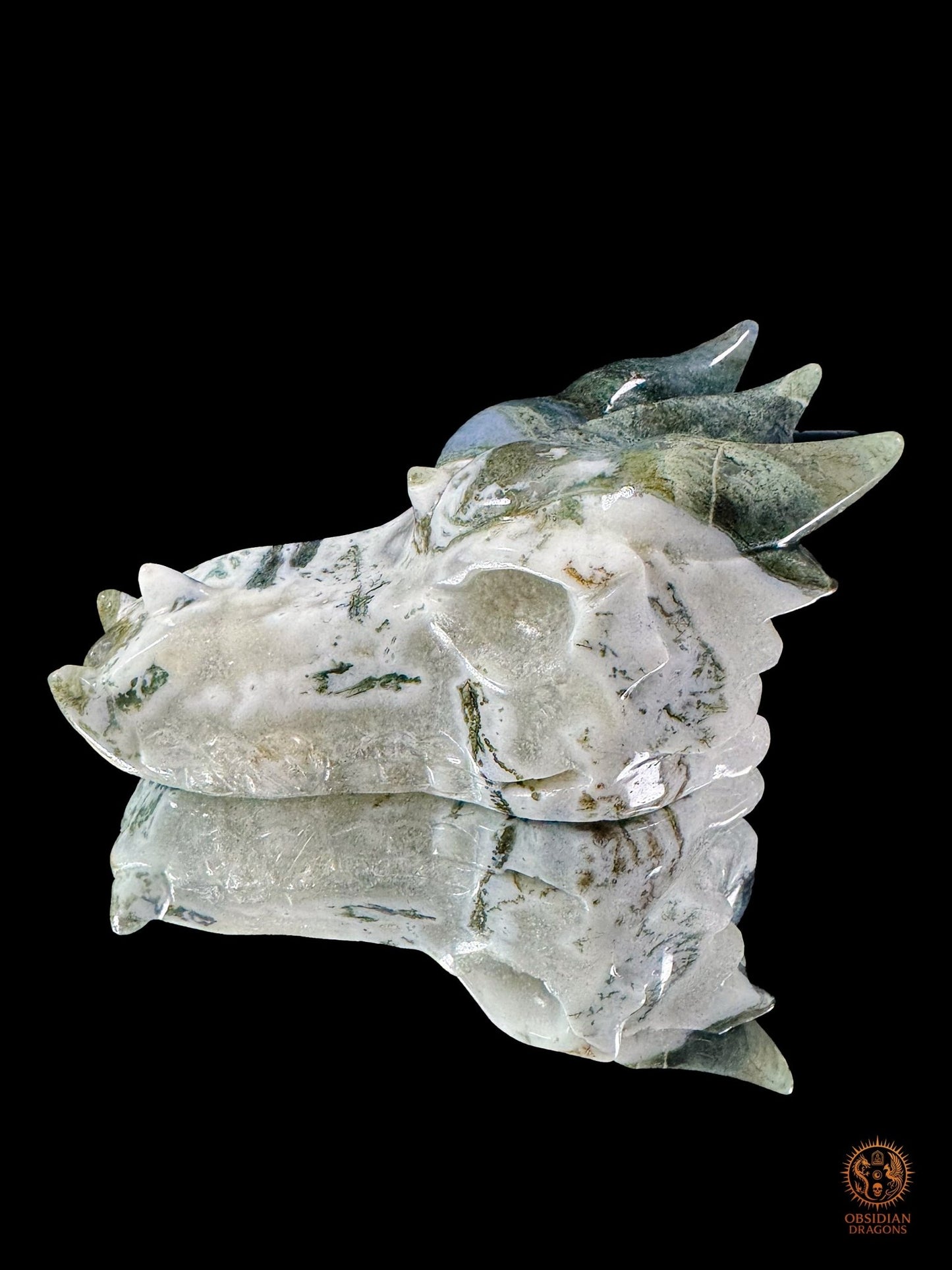 Crâne de dragon en agate mousse – Souffle de pierre - obsidian dragons