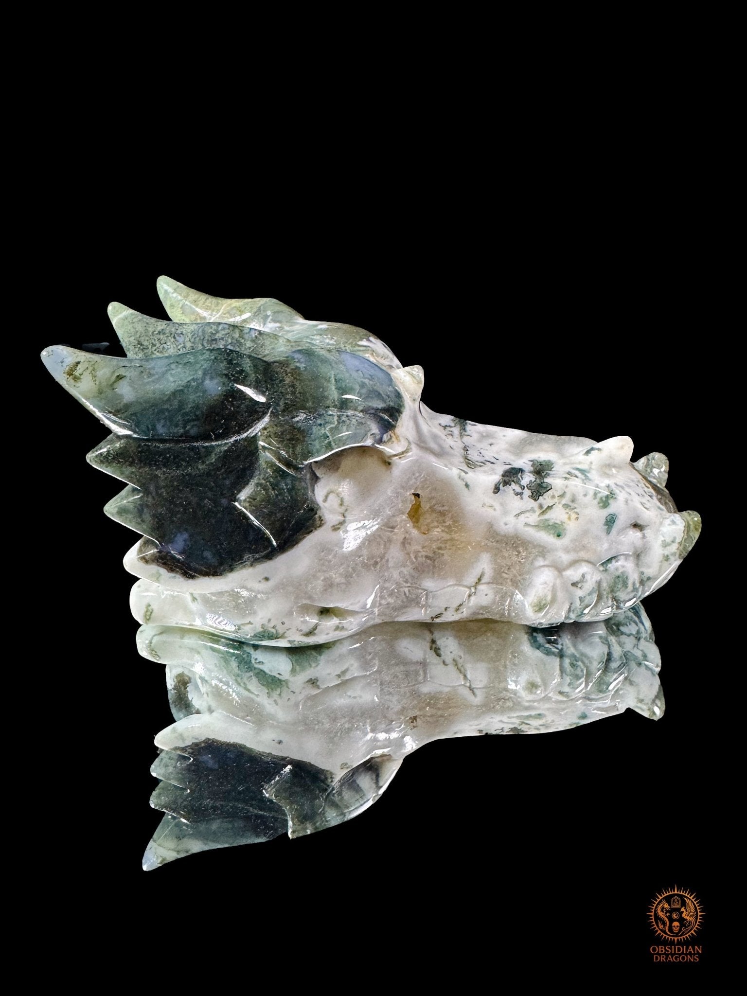 Crâne de dragon en agate mousse – Souffle de pierre - obsidian dragons