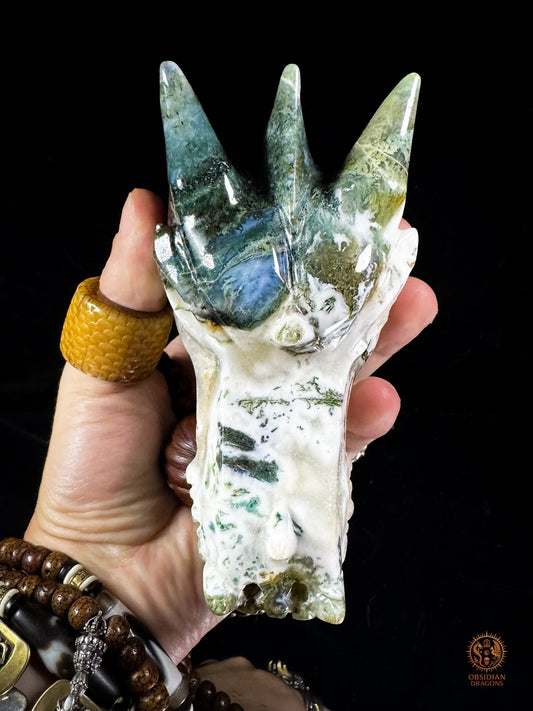 Crâne de dragon en agate mousse – Souffle de pierre - obsidian dragons