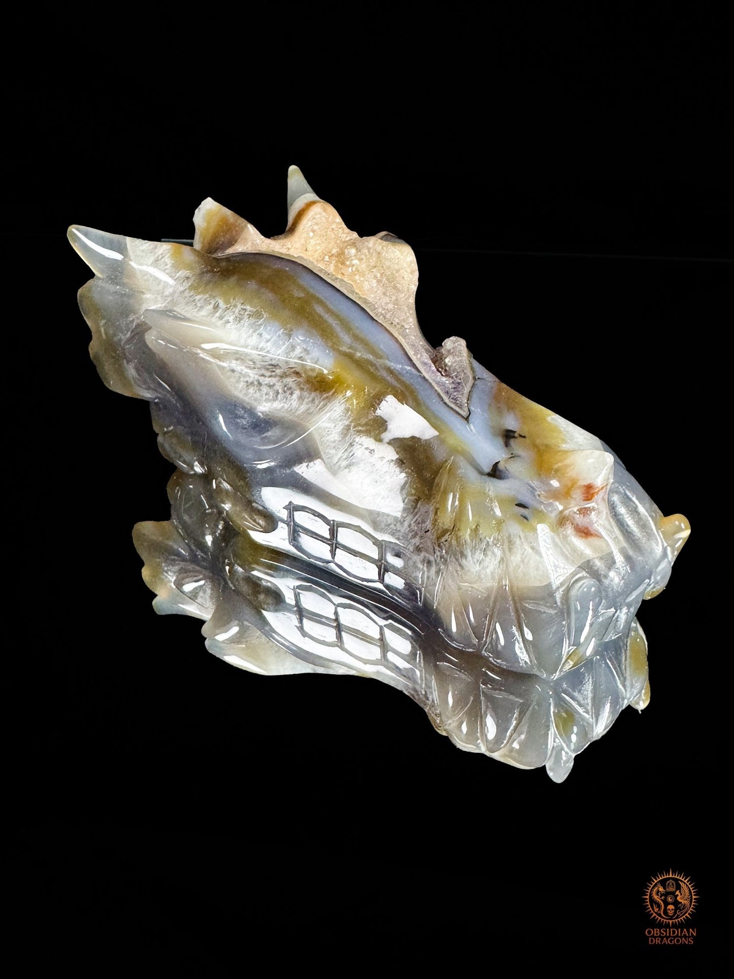 Crâne de dragon en géode de quartz & agate – Ancrage | obsidian dragons