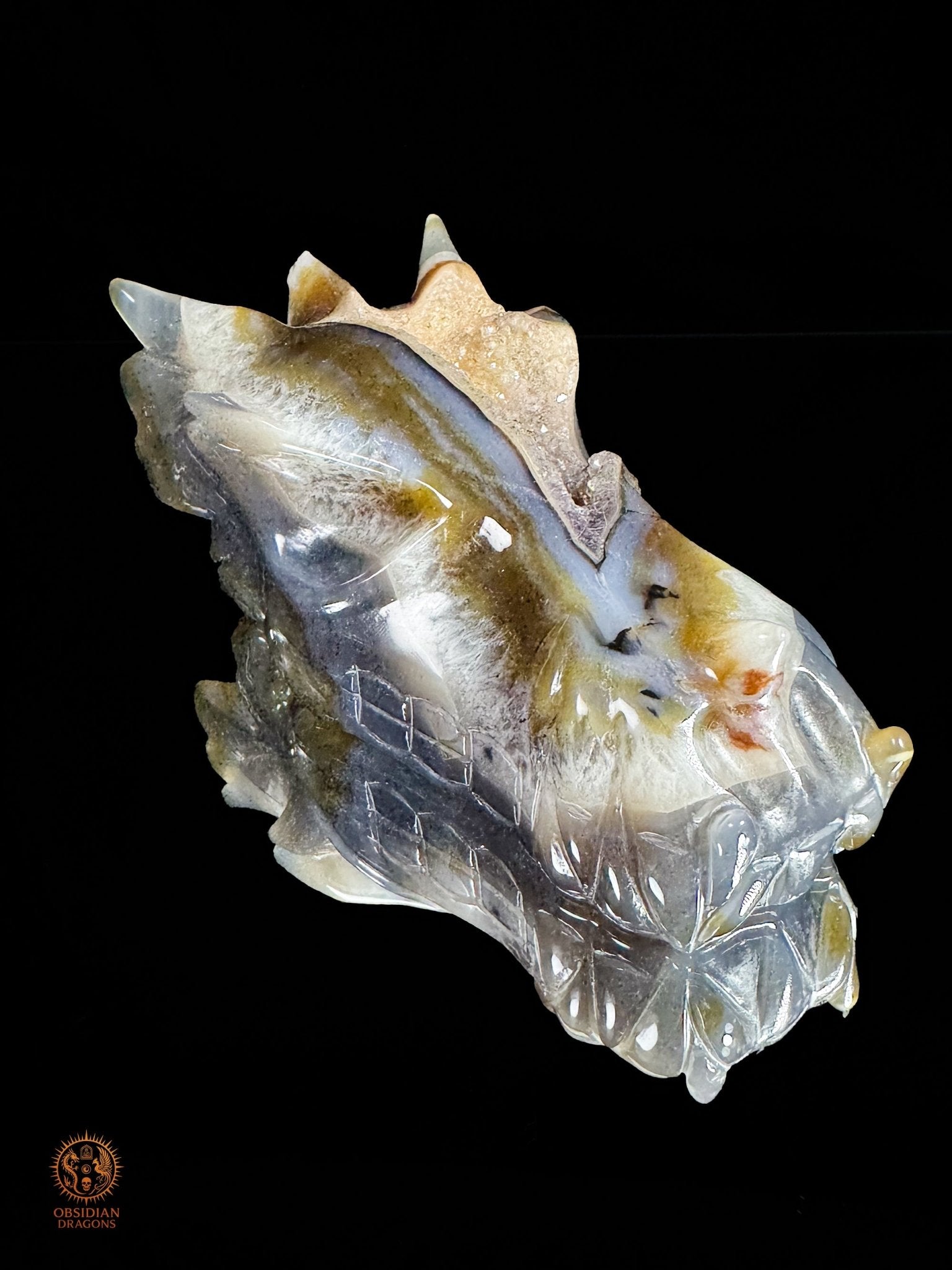Crâne de dragon en géode de quartz & agate – Ancrage | obsidian dragons
