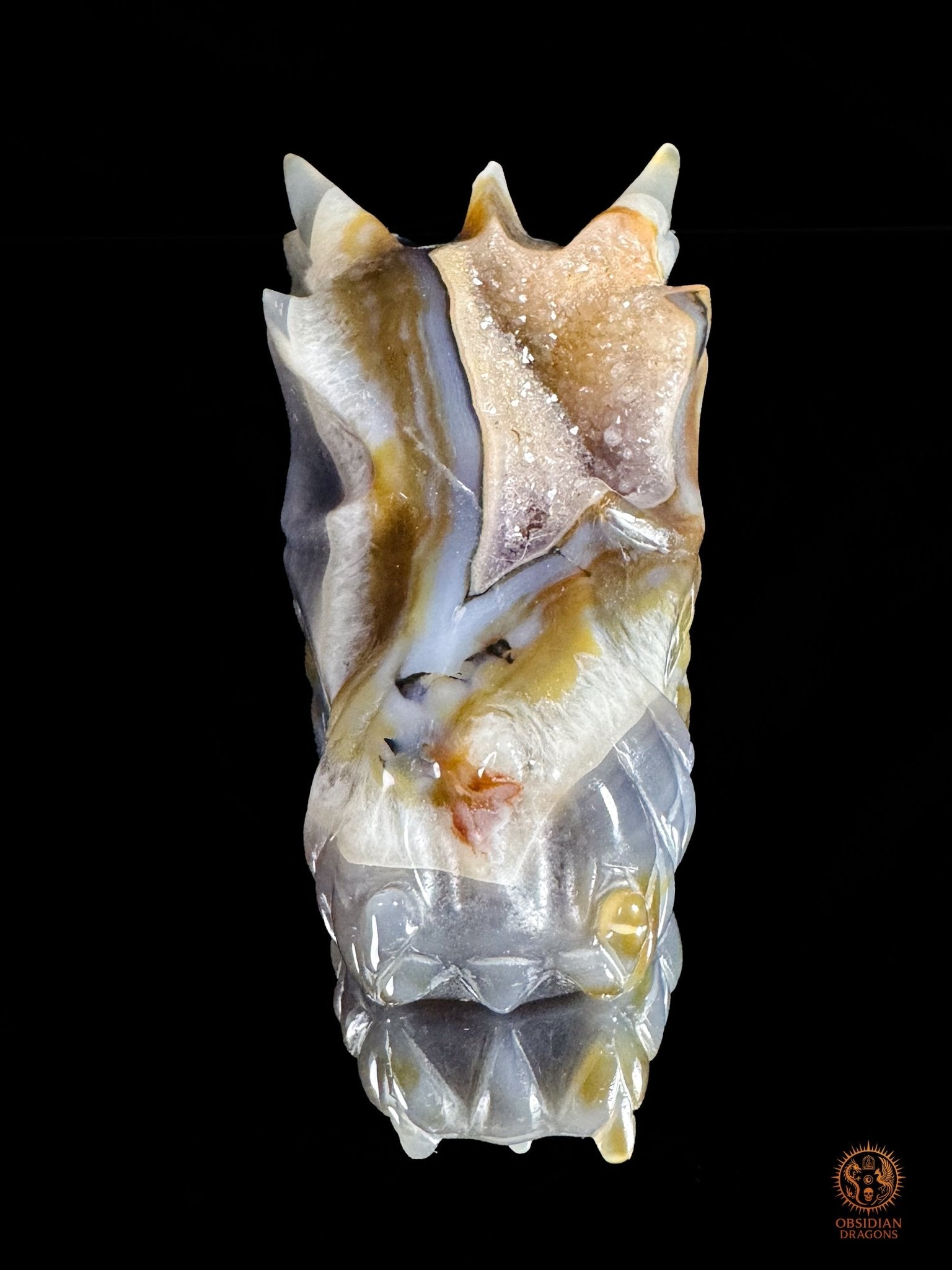 Crâne de dragon en géode de quartz & agate – Ancrage | obsidian dragons