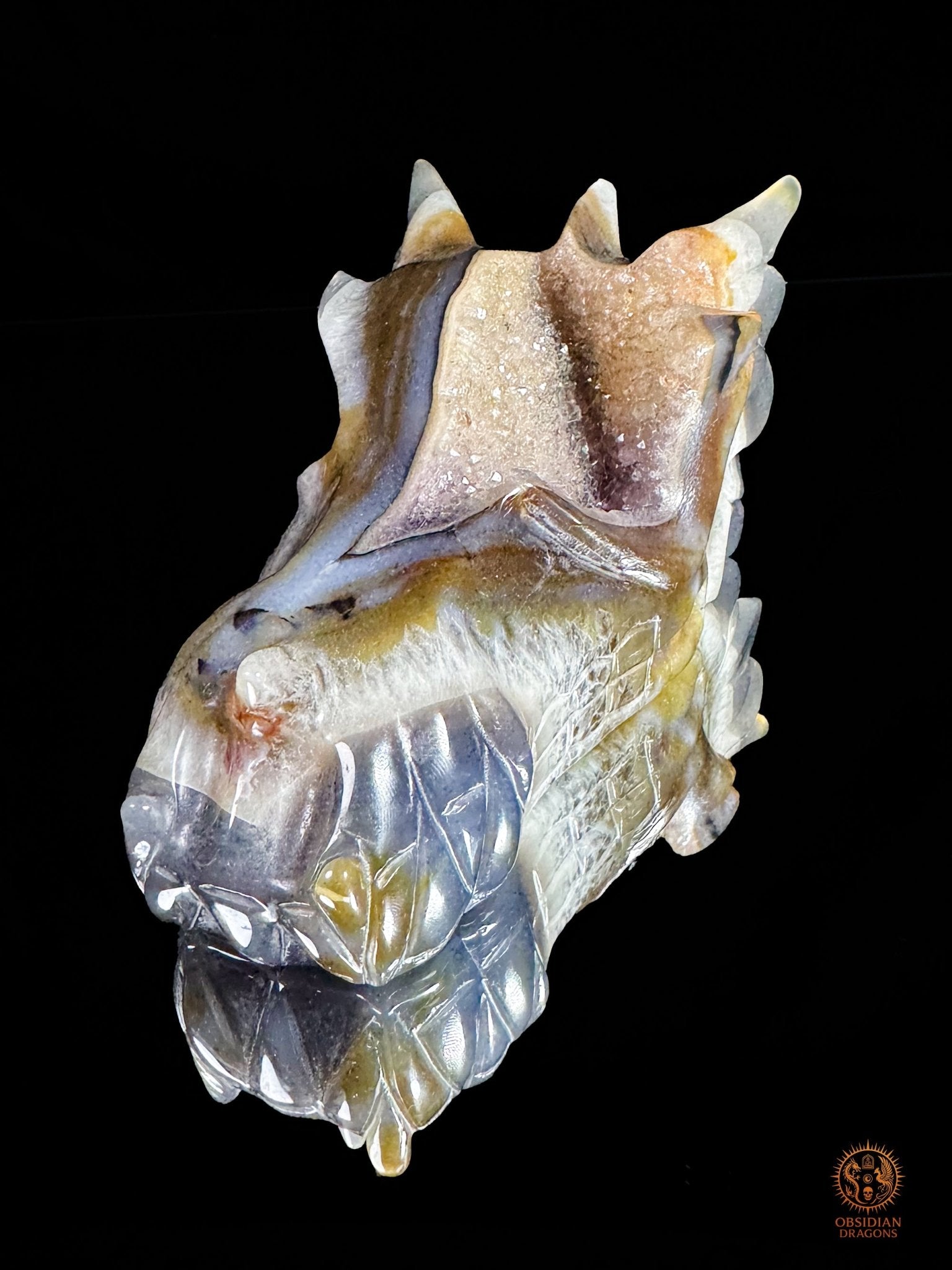 Crâne de dragon en géode de quartz & agate – Ancrage | obsidian dragons