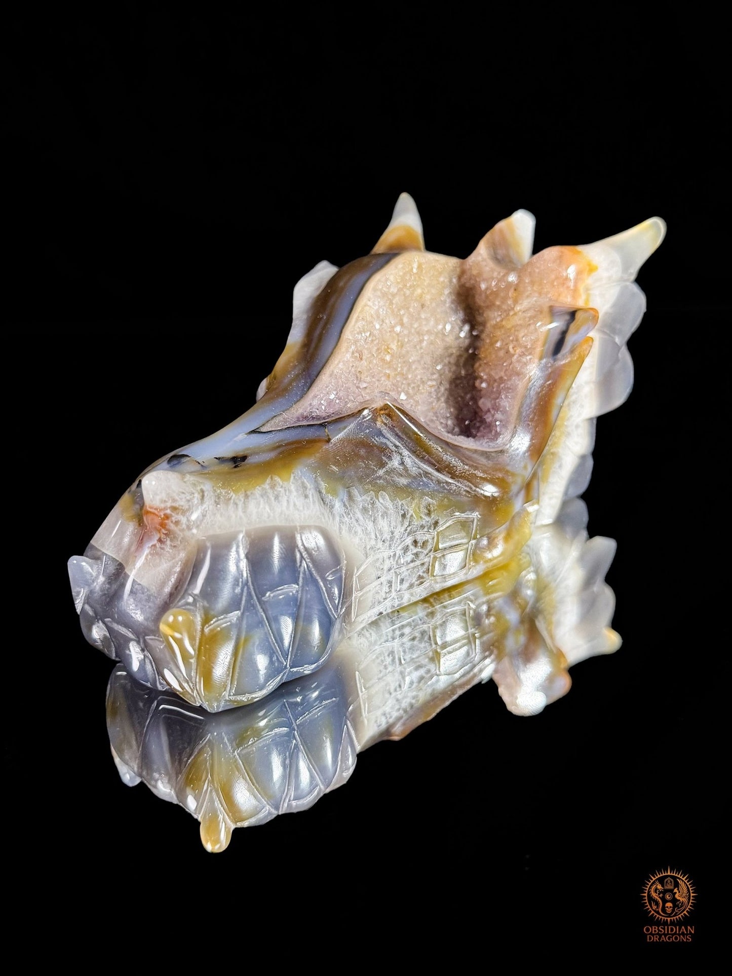 Crâne de dragon en géode de quartz & agate – Ancrage | obsidian dragons