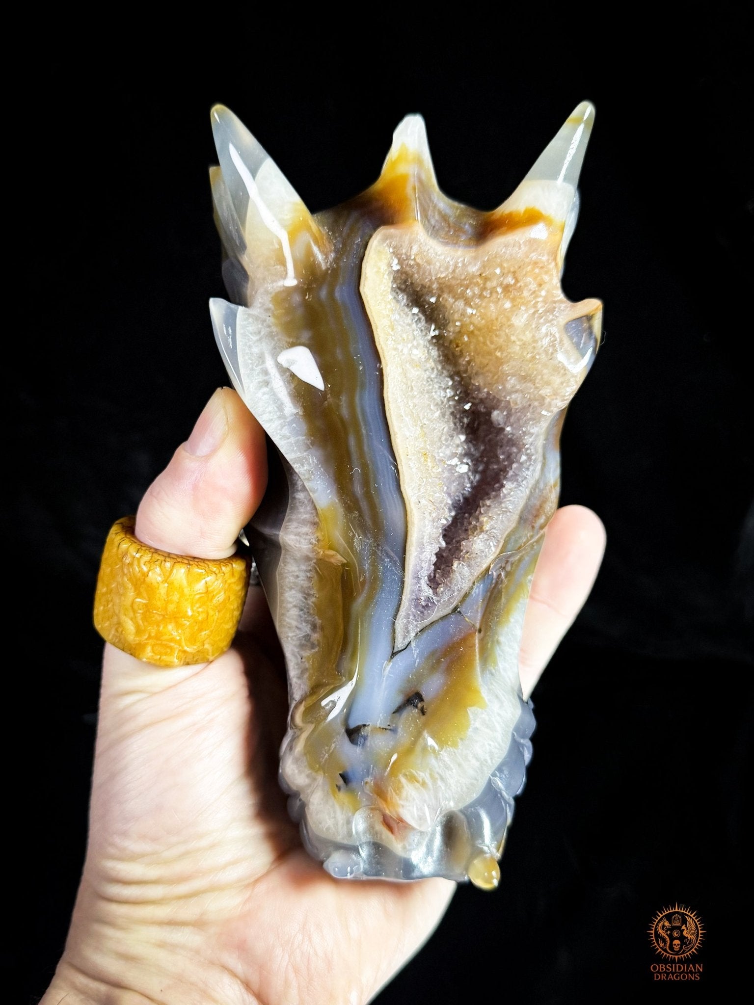 Crâne de dragon en géode de quartz & agate – Ancrage | obsidian dragons