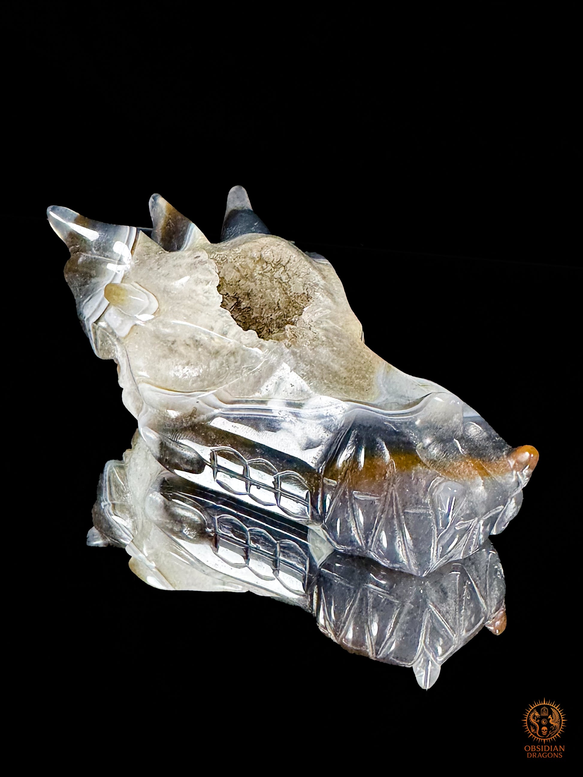 Crâne de dragon en géode de quartz & agate – Gardien du Centre | obsidian dragons