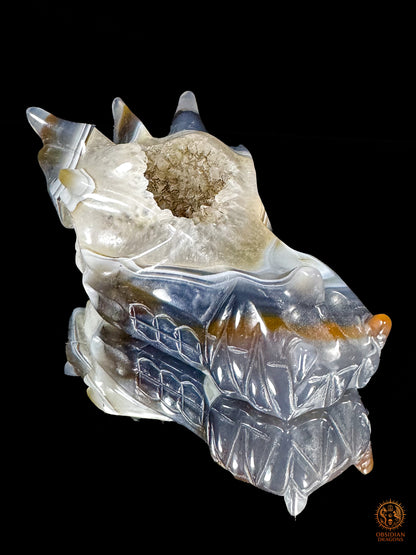 Crâne de dragon en géode de quartz & agate – Gardien du Centre | obsidian dragons