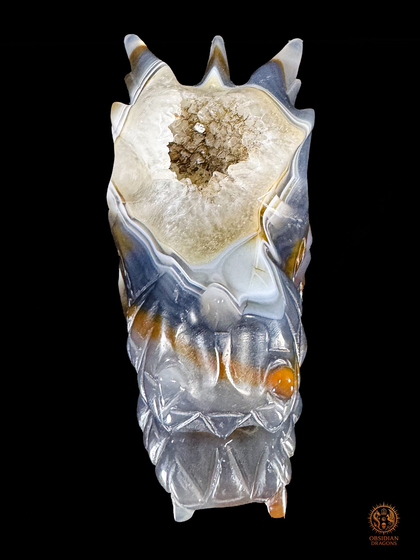 Crâne de dragon en géode de quartz & agate – Gardien du Centre | obsidian dragons