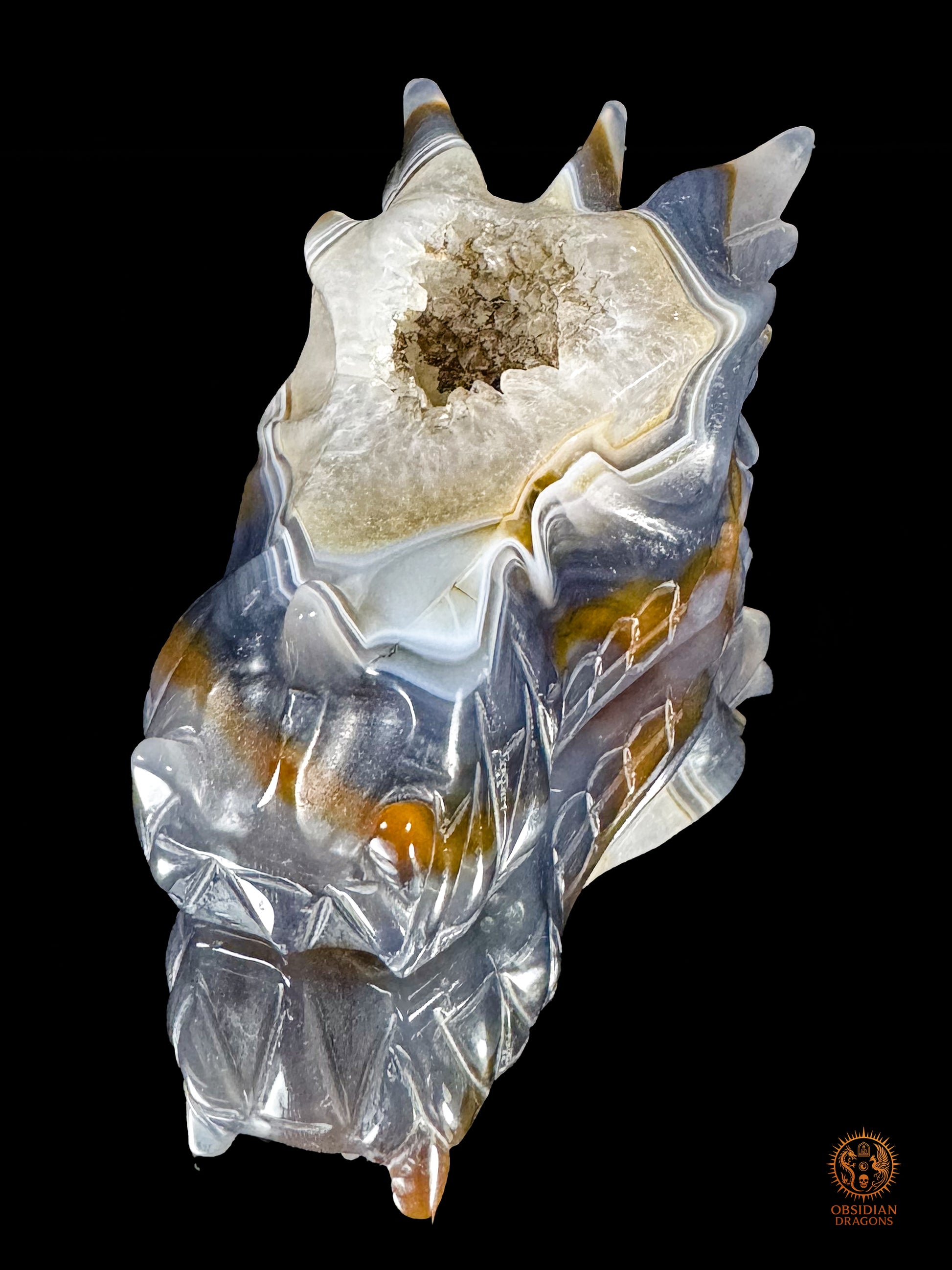 Crâne de dragon en géode de quartz & agate – Gardien du Centre | obsidian dragons