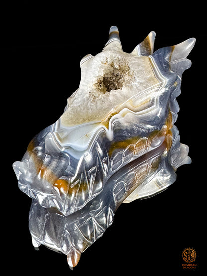 Crâne de dragon en géode de quartz & agate – Gardien du Centre | obsidian dragons
