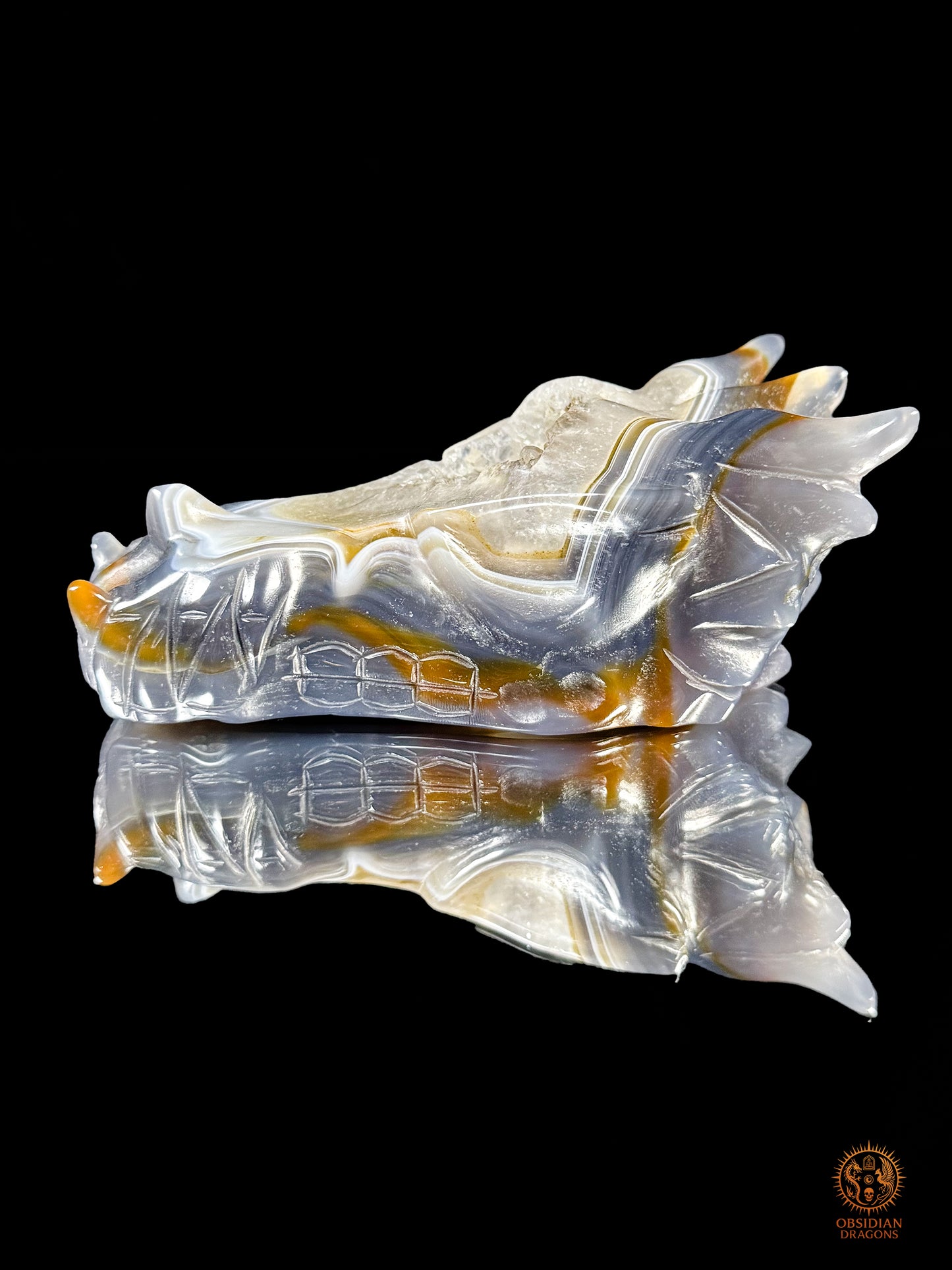 Crâne de dragon en géode de quartz & agate – Gardien du Centre | obsidian dragons