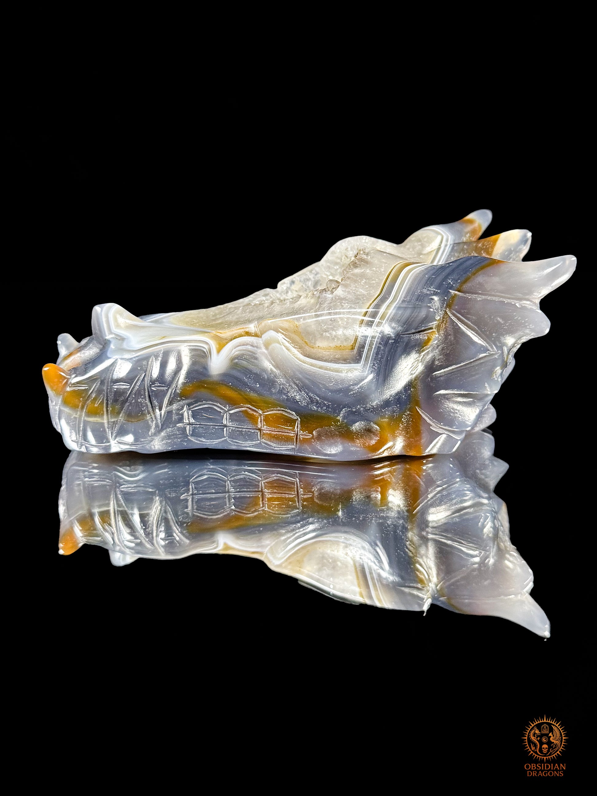 Crâne de dragon en géode de quartz & agate – Gardien du Centre | obsidian dragons
