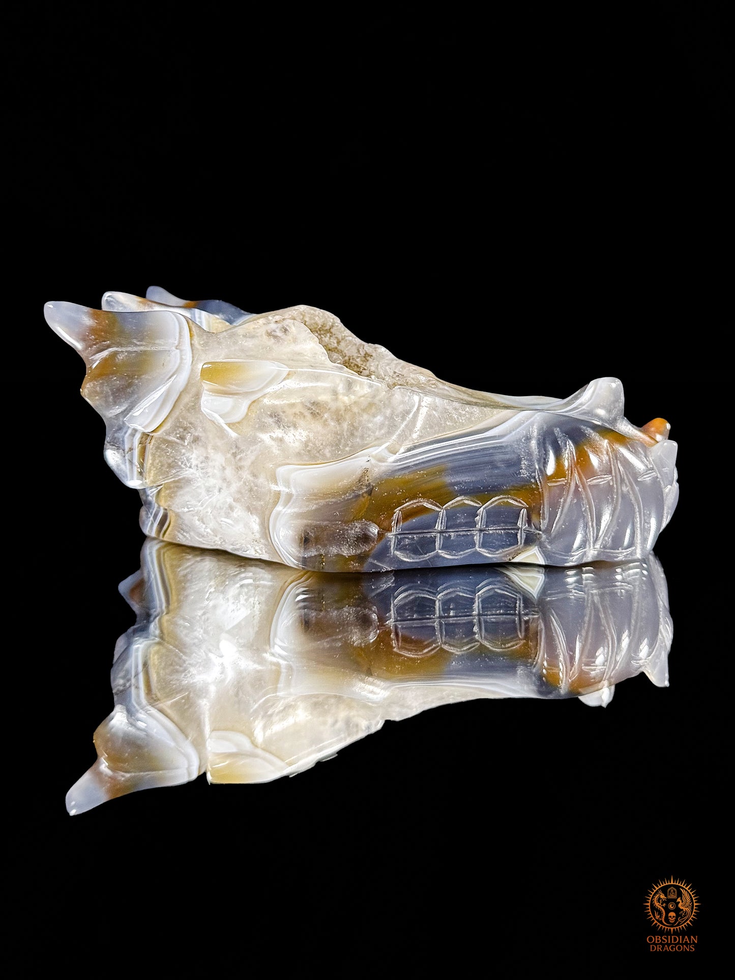 Crâne de dragon en géode de quartz & agate – Gardien du Centre | obsidian dragons