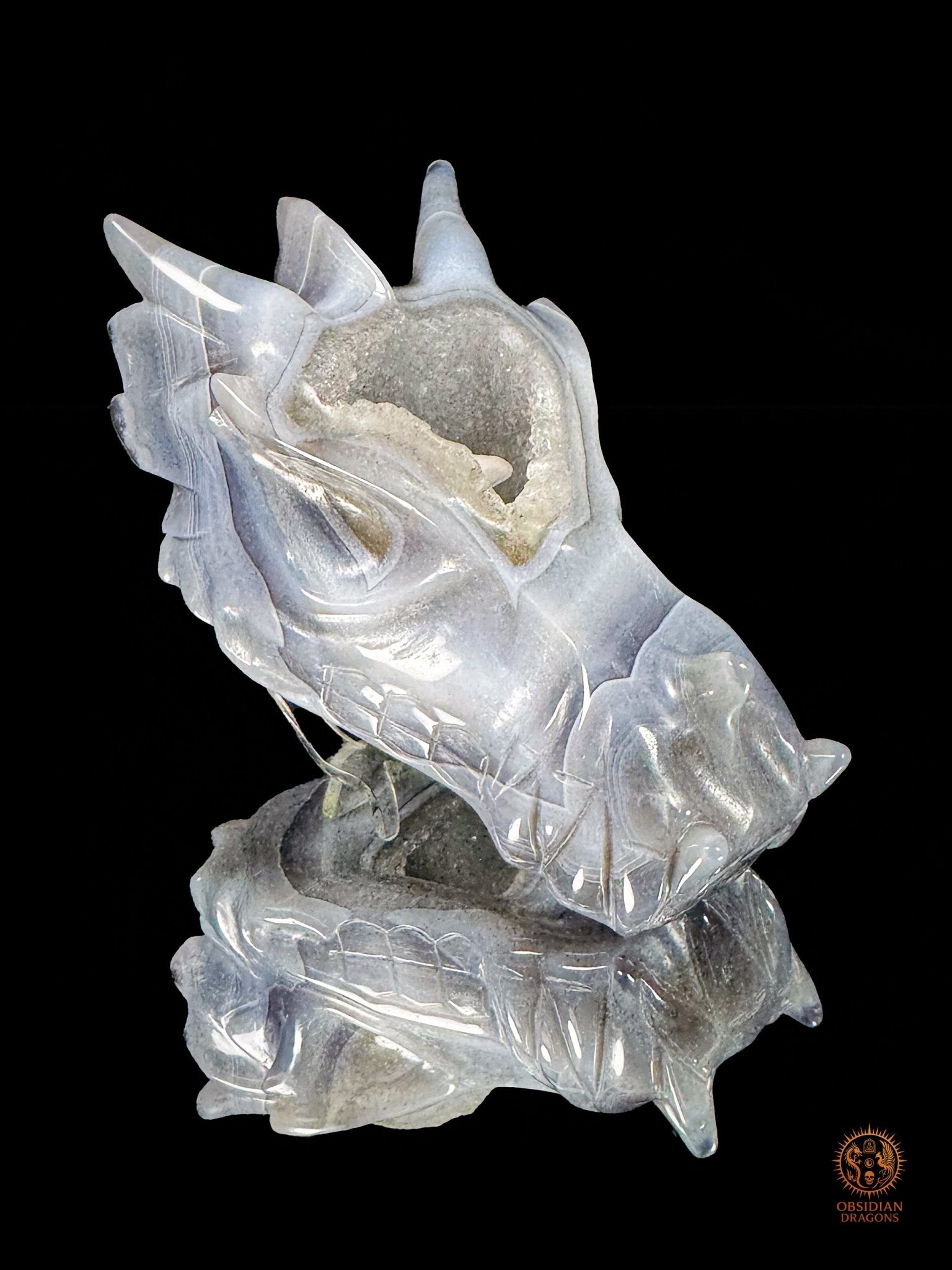 Crâne de dragon en géode de quartz à inclusion de calcite | obsidian dragons