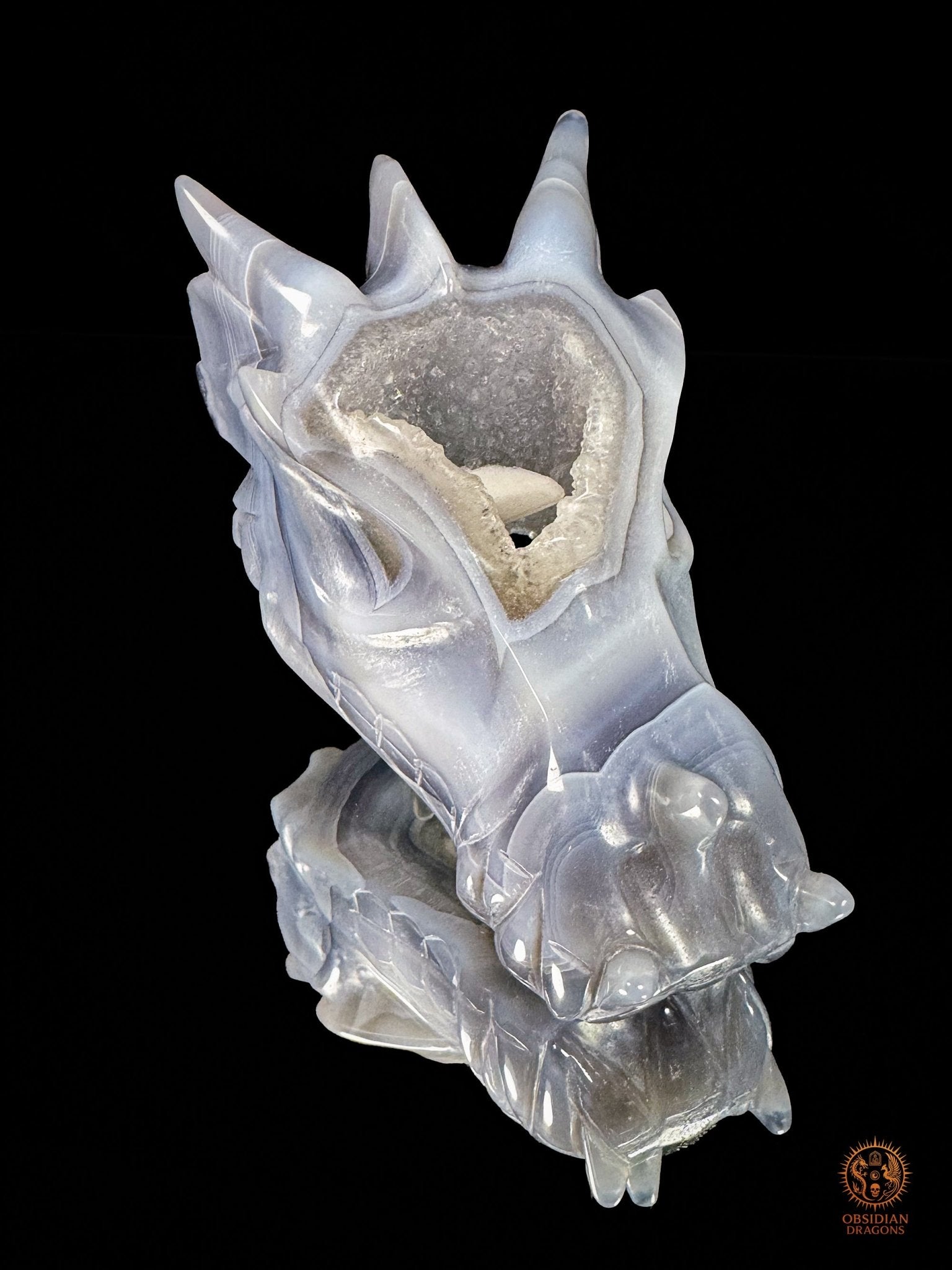 Crâne de dragon en géode de quartz à inclusion de calcite | obsidian dragons