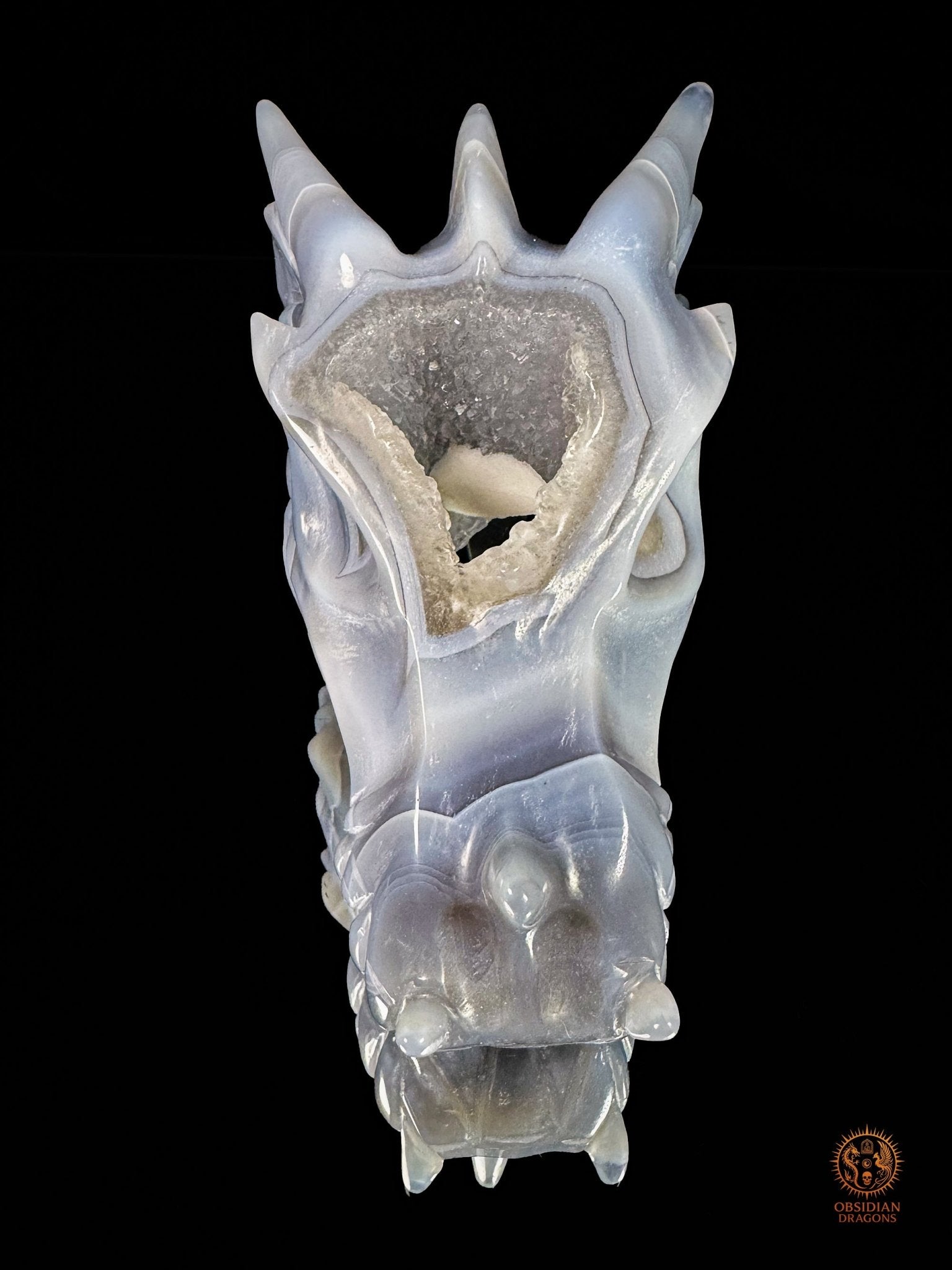 Crâne de dragon en géode de quartz à inclusion de calcite | obsidian dragons