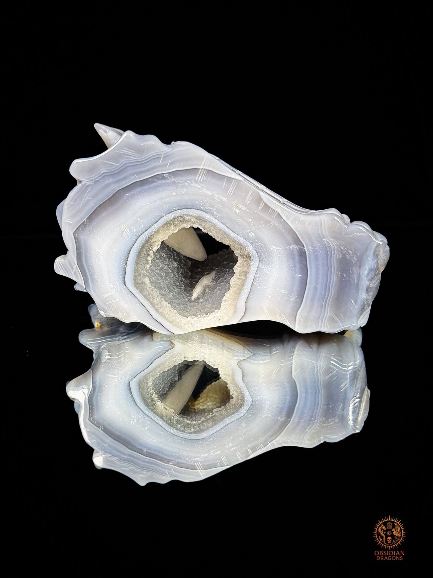 Crâne de dragon en géode de quartz à inclusion de calcite | obsidian dragons
