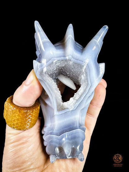 Crâne de dragon en géode de quartz à inclusion de calcite | obsidian dragons