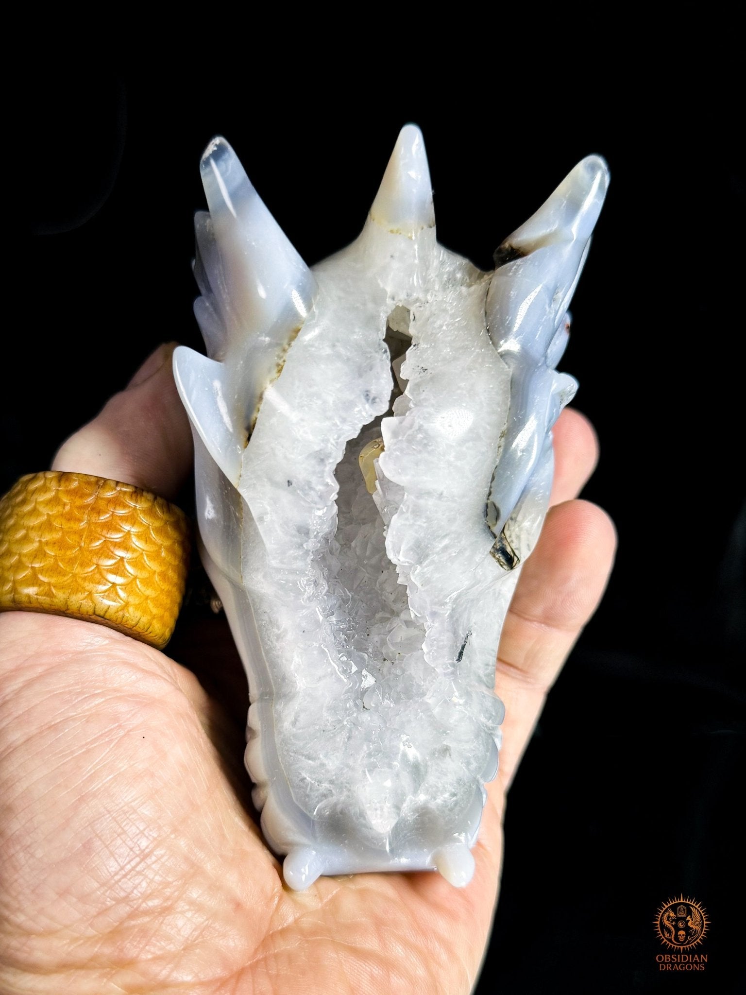 Crâne de dragon en géode de quartz, agate - Axe cristallin | obsidian dragons
