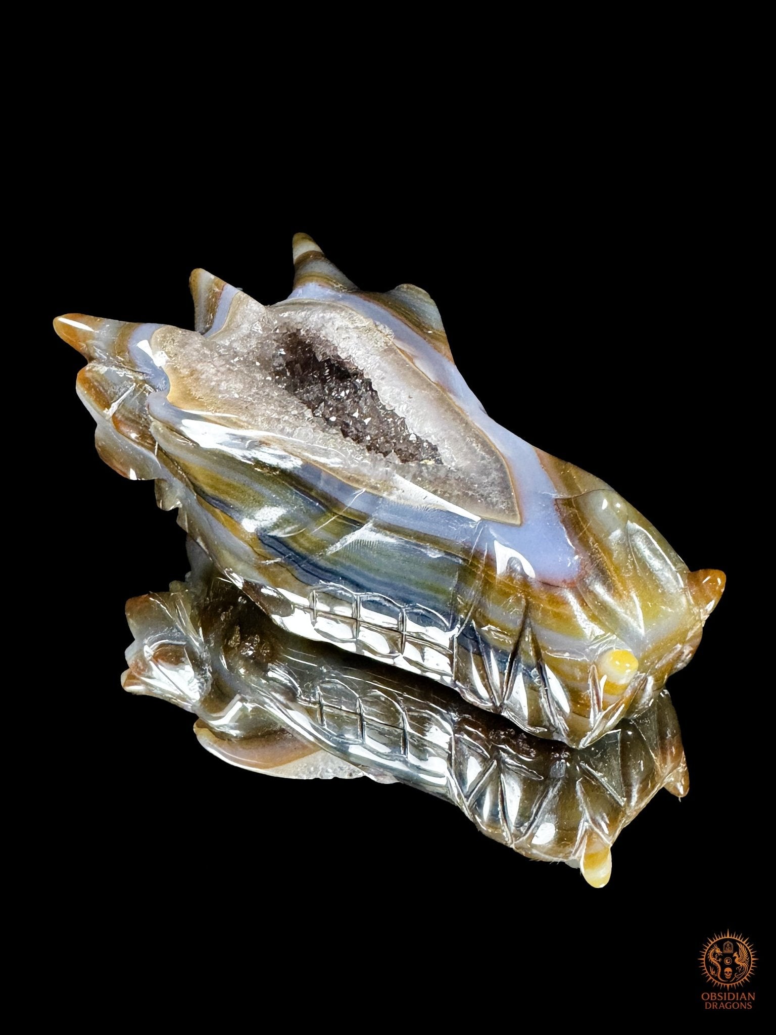 Crâne de dragon en géode de quartz, agate – Transmutation | obsidian dragons