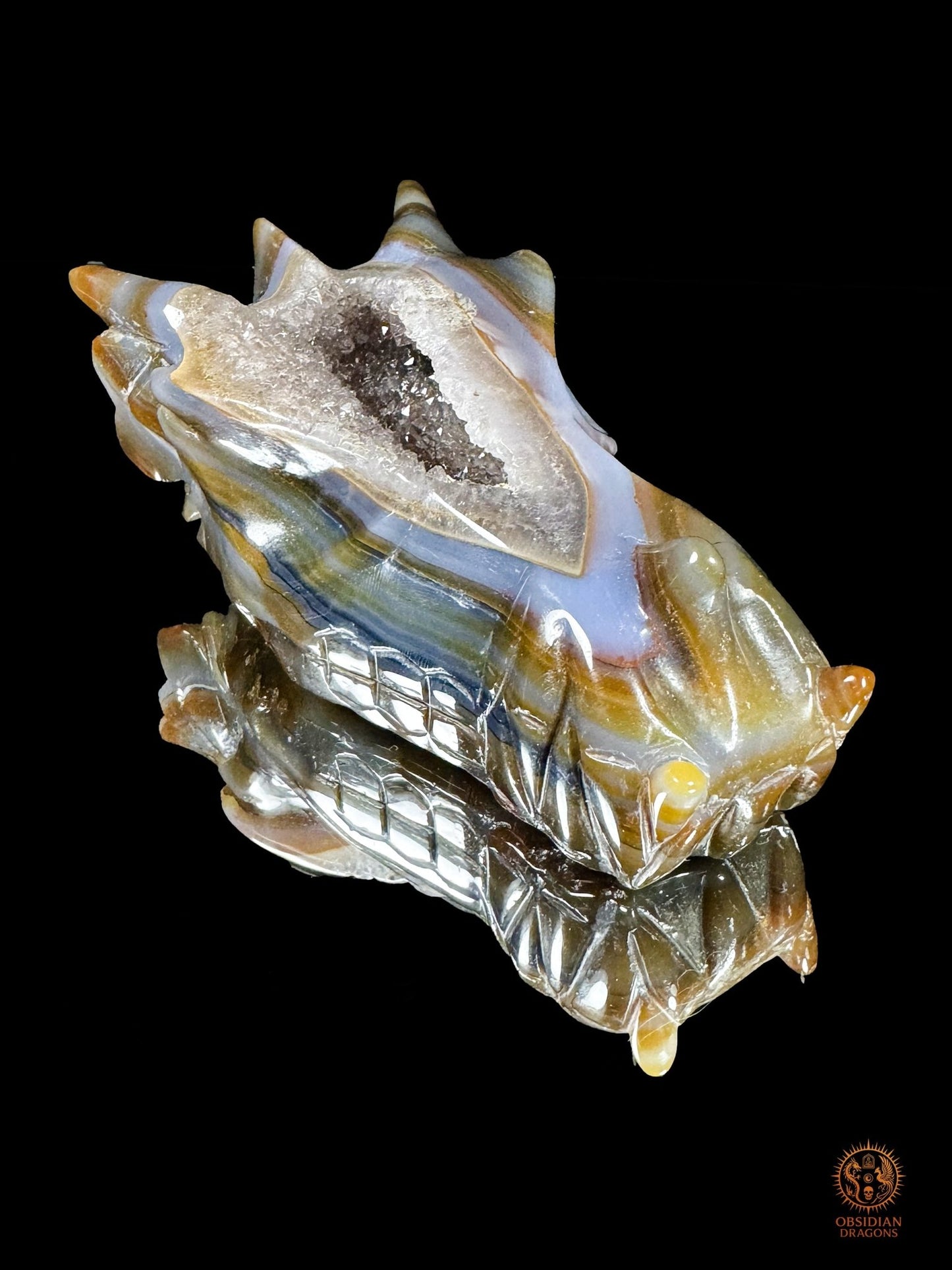 Crâne de dragon en géode de quartz, agate – Transmutation | obsidian dragons