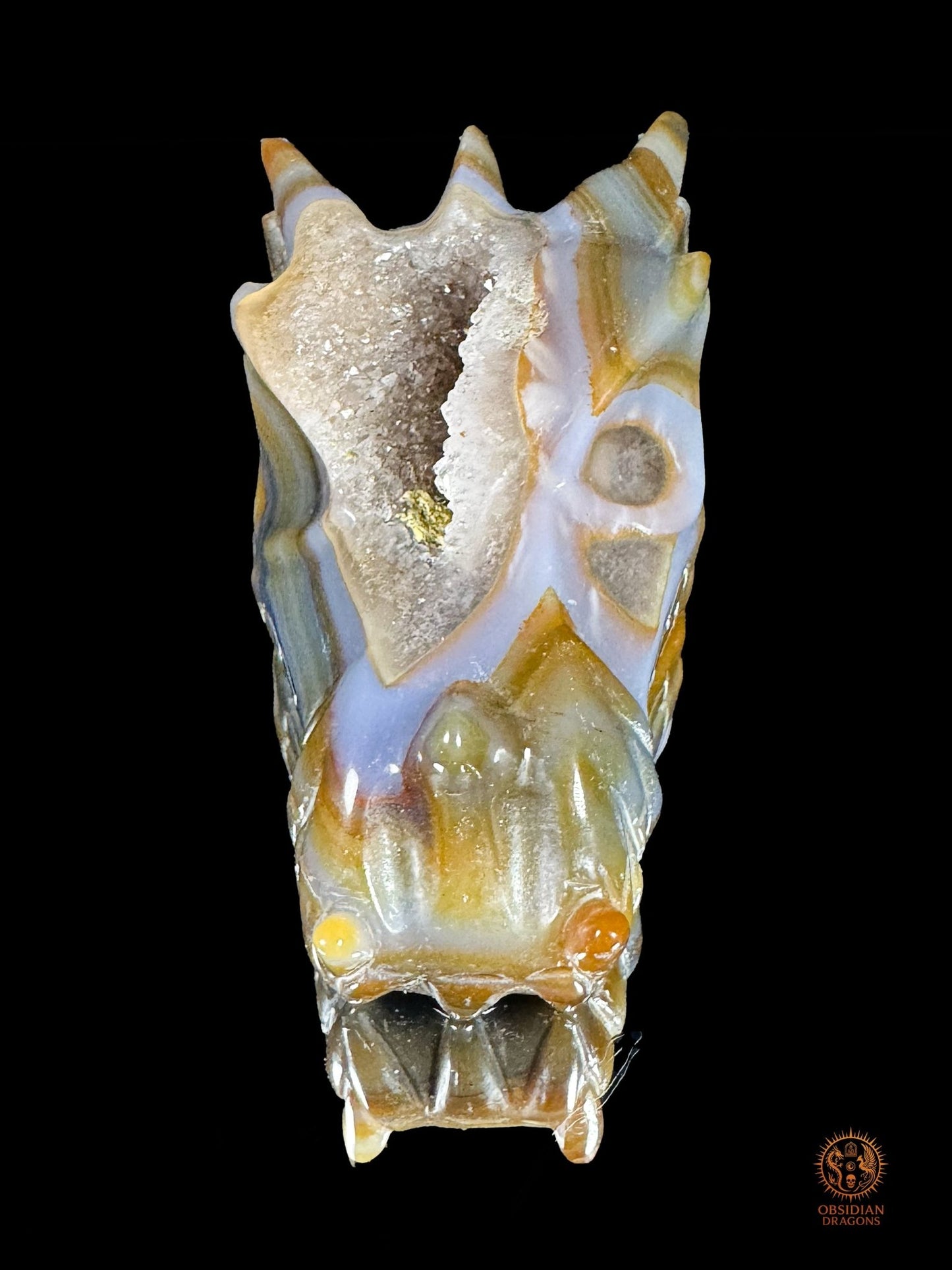 Crâne de dragon en géode de quartz, agate – Transmutation | obsidian dragons