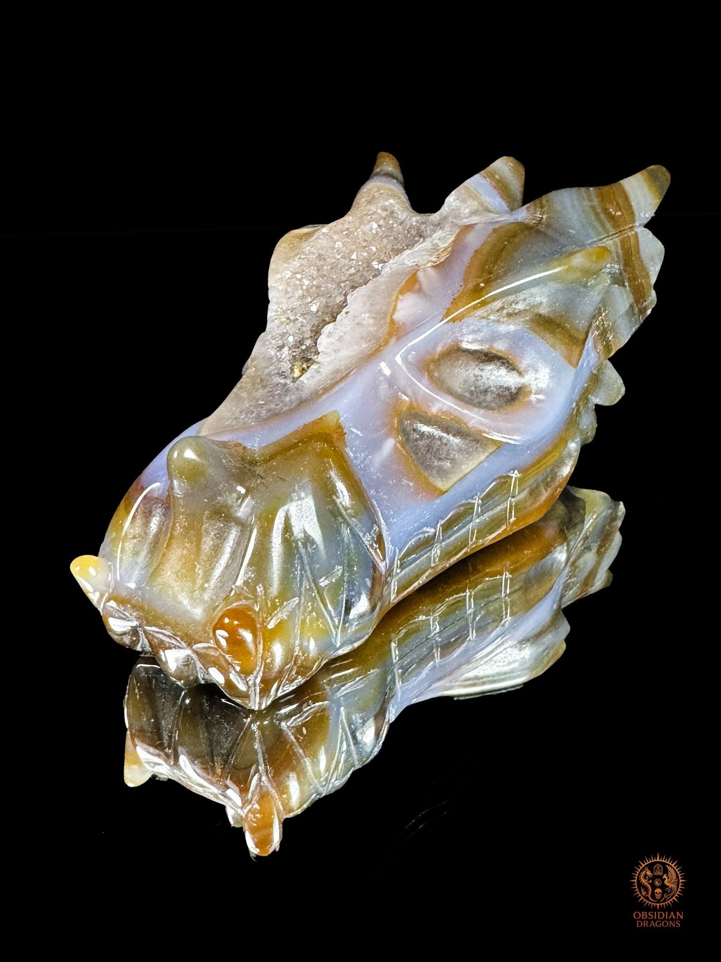 Crâne de dragon en géode de quartz, agate – Transmutation | obsidian dragons