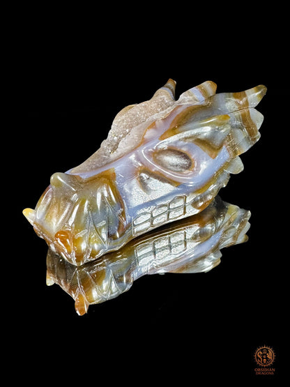 Crâne de dragon en géode de quartz, agate – Transmutation | obsidian dragons