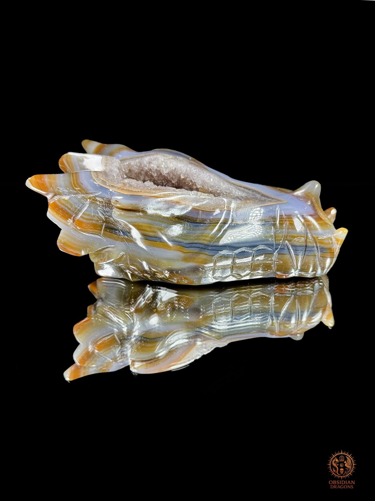 Crâne de dragon en géode de quartz, agate – Transmutation | obsidian dragons