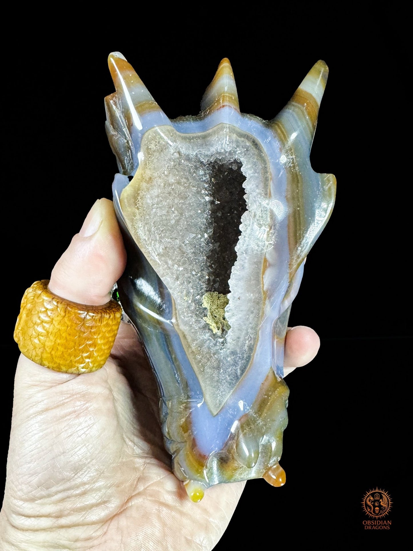 Crâne de dragon en géode de quartz, agate – Transmutation | obsidian dragons