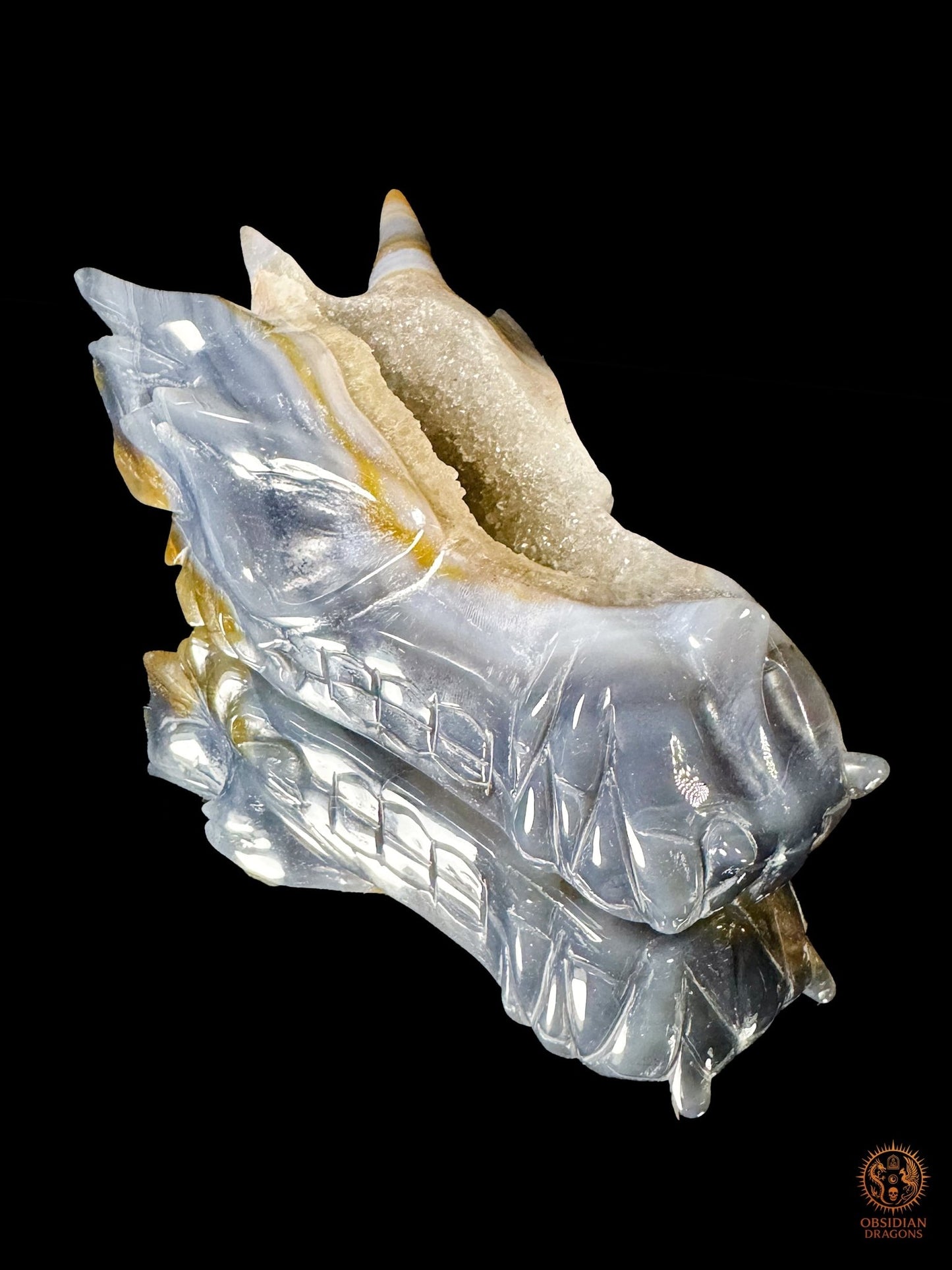 Crâne de dragon en géode de quartz & agate – Axe intérieur | obsidian dragons