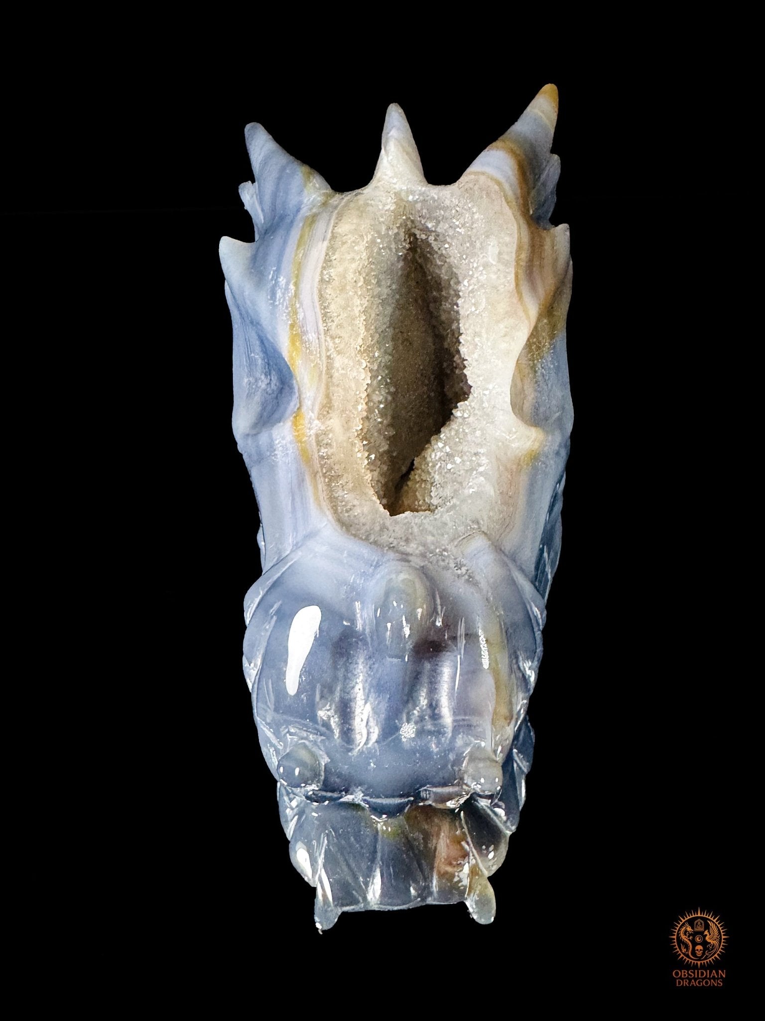 Crâne de dragon en géode de quartz & agate – Axe intérieur | obsidian dragons