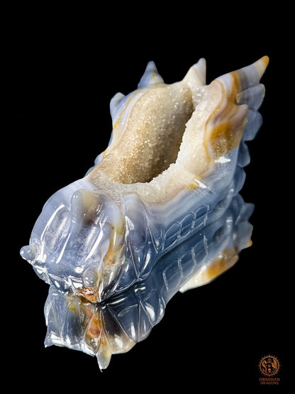 Crâne de dragon en géode de quartz & agate – Axe intérieur | obsidian dragons