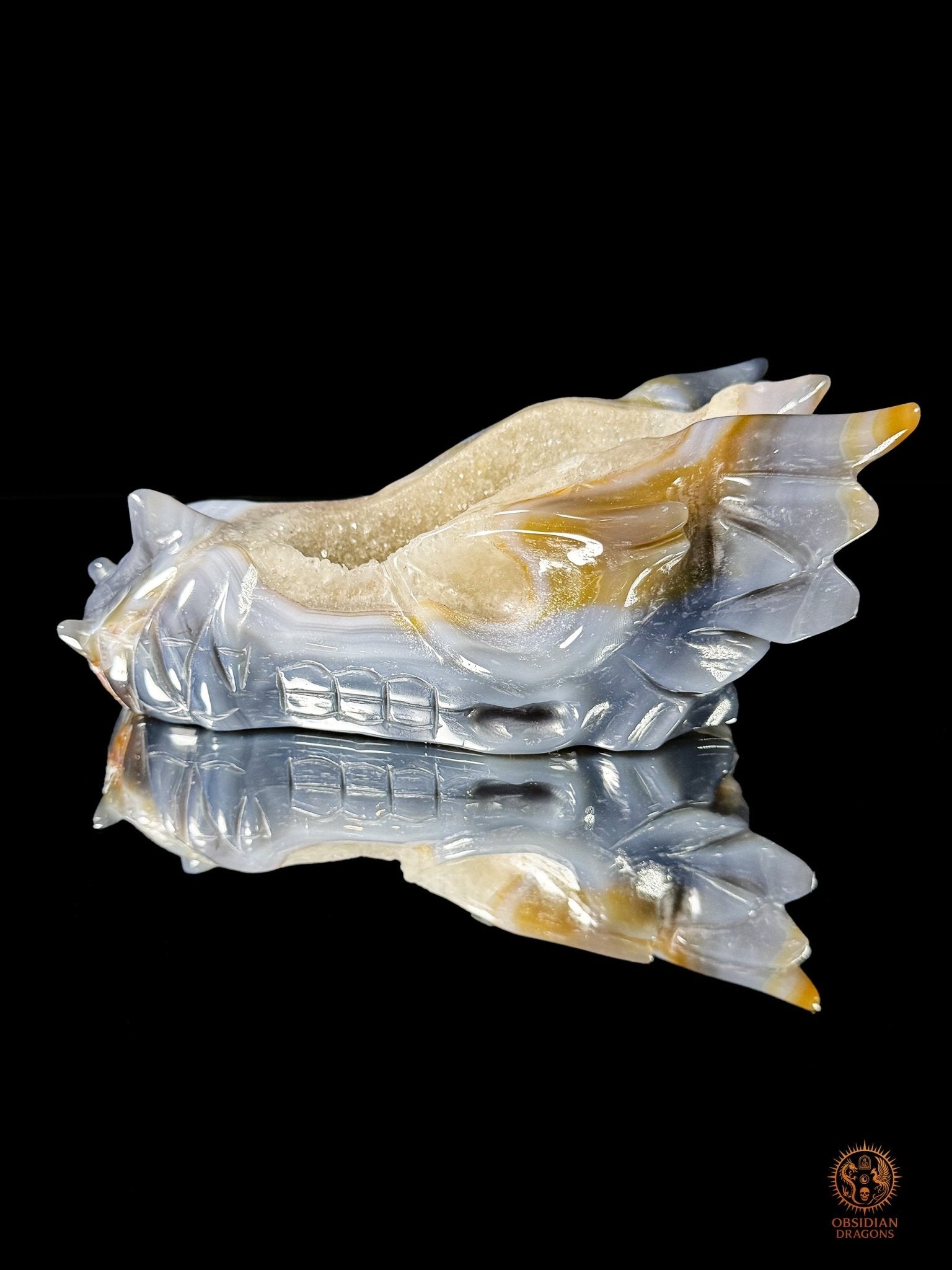Crâne de dragon en géode de quartz & agate – Axe intérieur | obsidian dragons