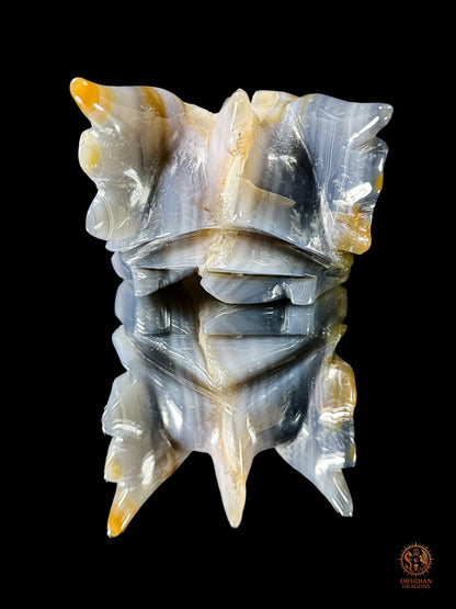 Crâne de dragon en géode de quartz & agate – Axe intérieur