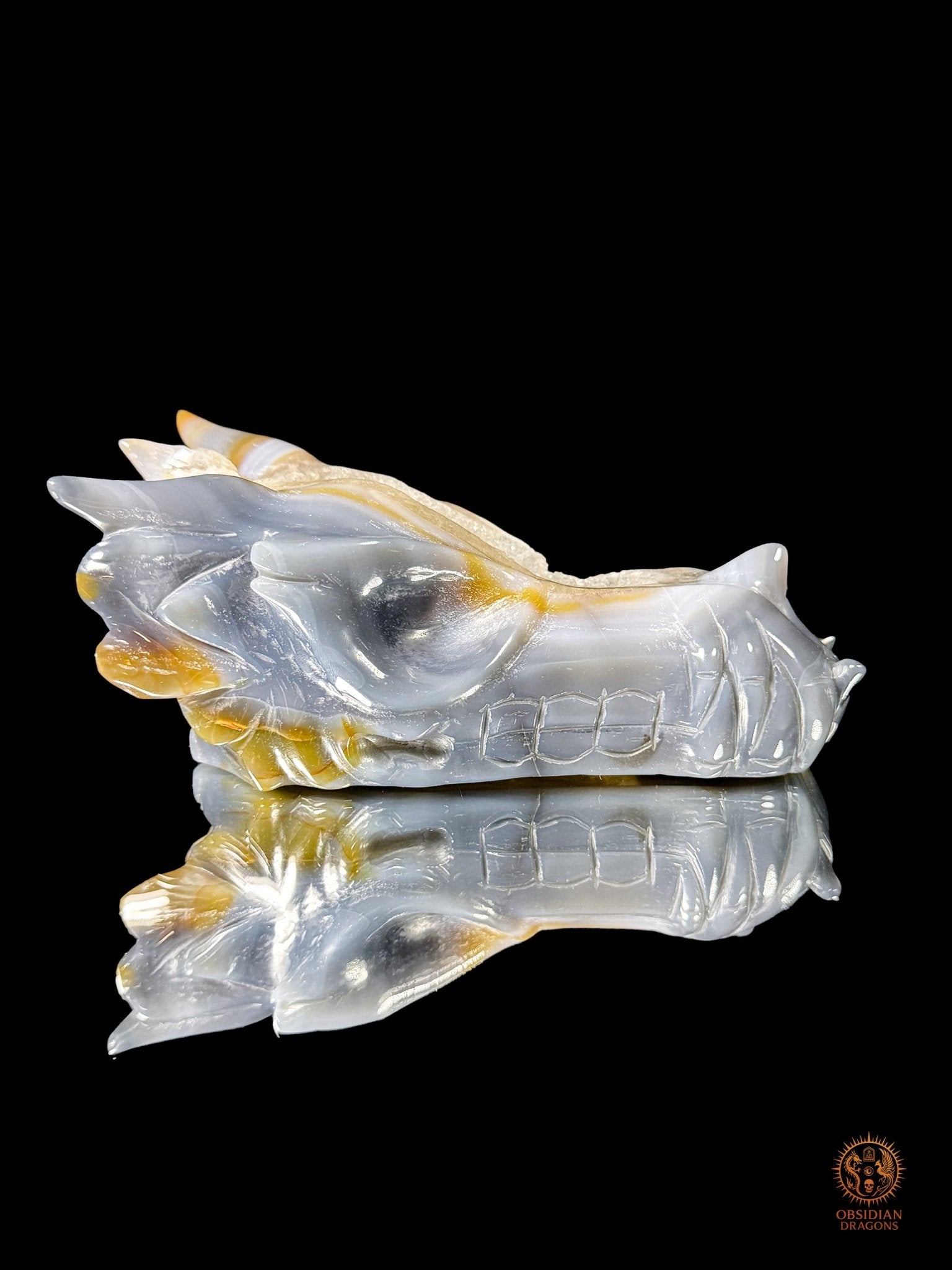 Crâne de dragon en géode de quartz & agate – Axe intérieur | obsidian dragons