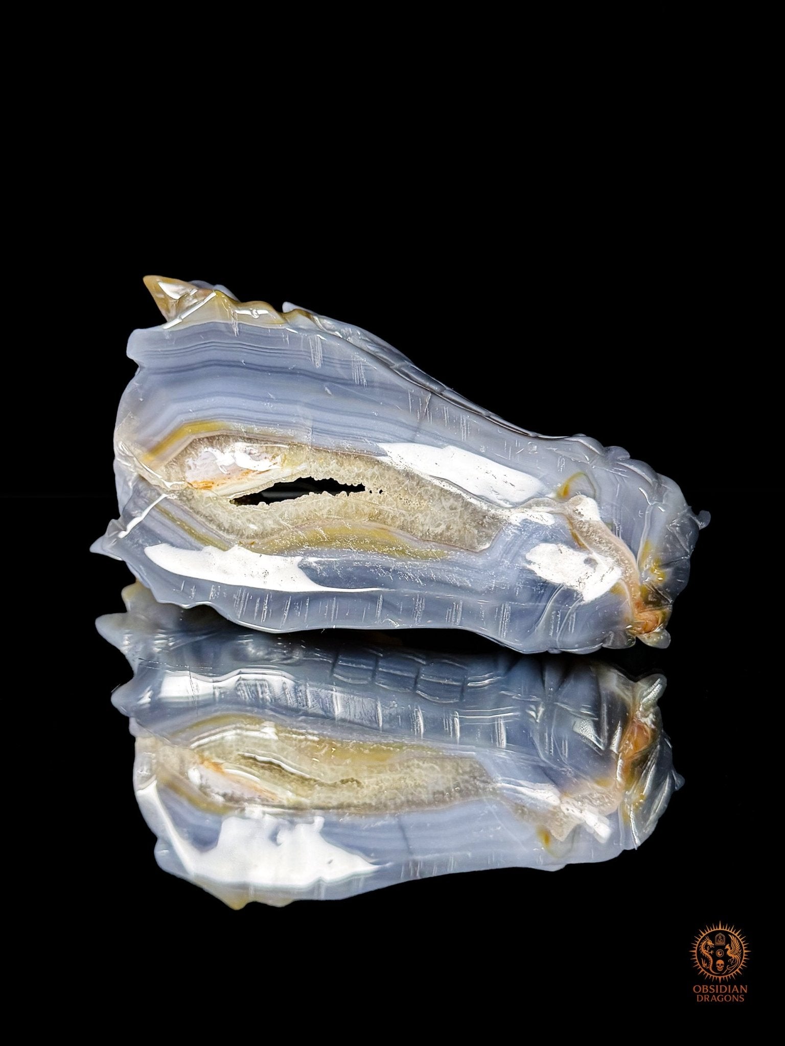Crâne de dragon en géode de quartz & agate – Axe intérieur | obsidian dragons