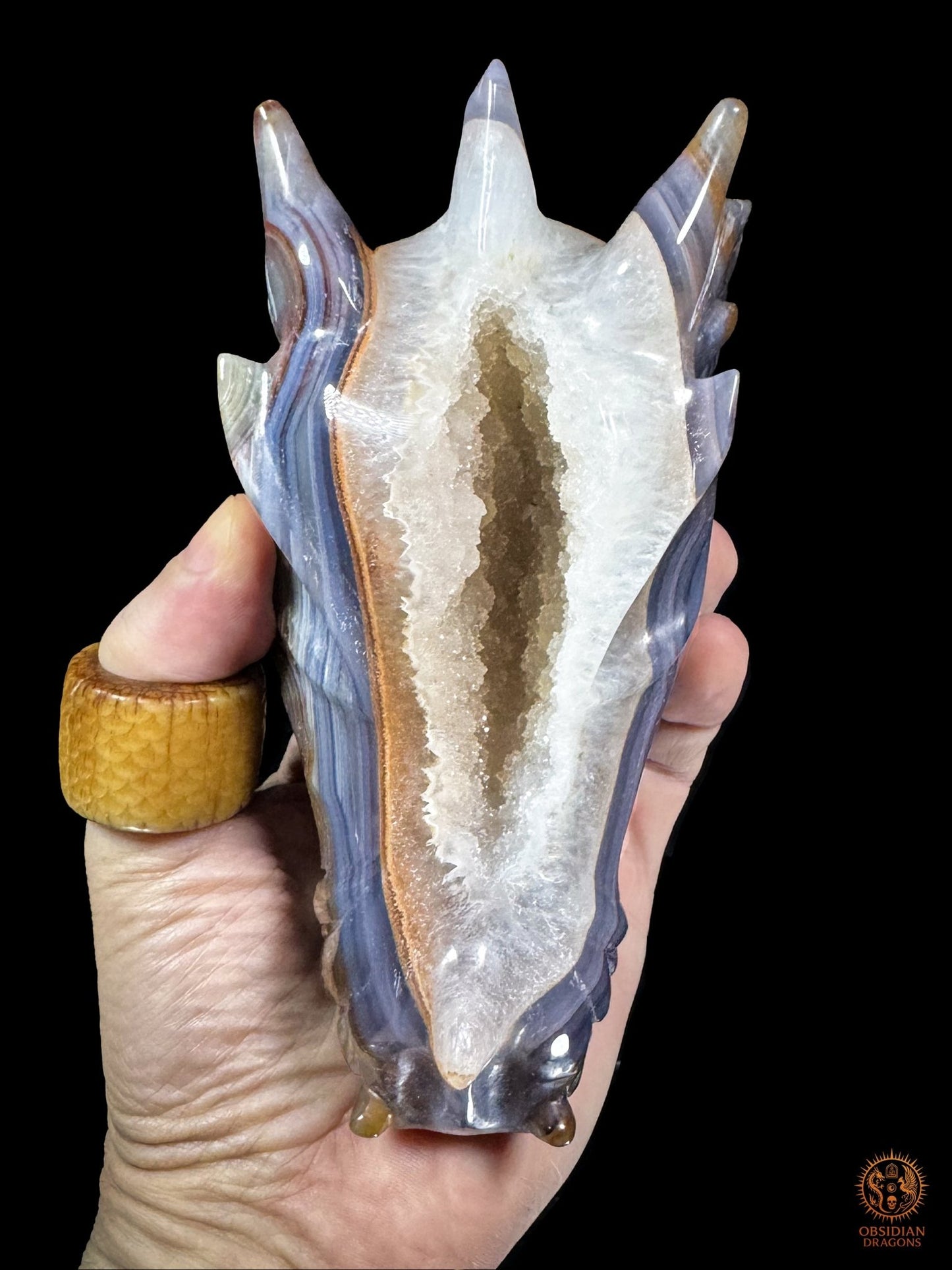 Crâne de dragon en géode de quartz tenu verticalement en main, vue axiale de la longue druse de cristal de roche entre les cornes - Obsdian Dragons