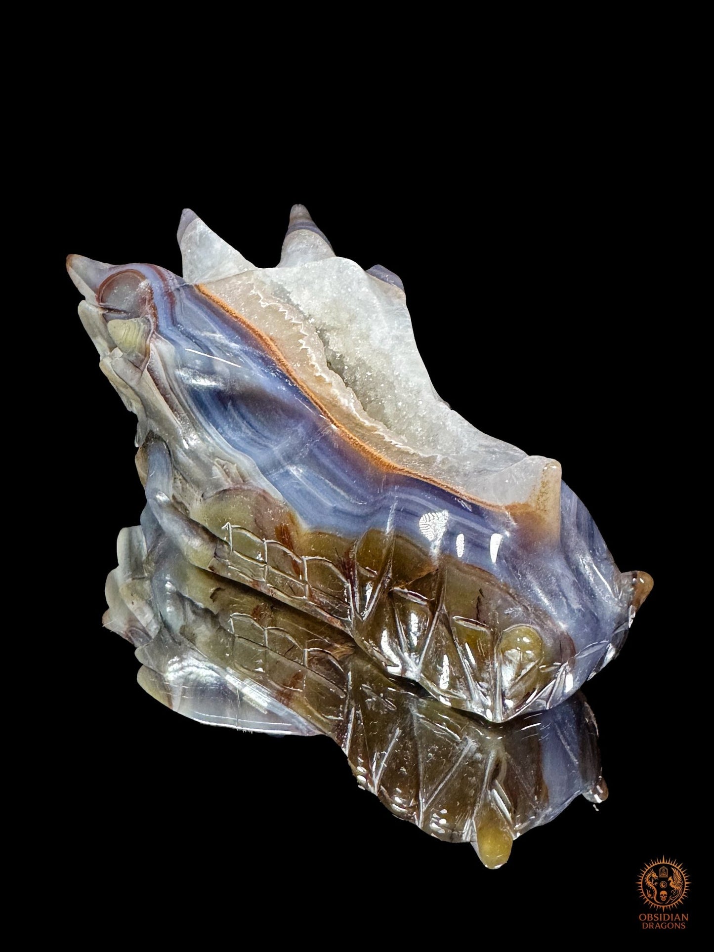 Crâne de dragon sculpté dans une géode de quartz du Brésil, vue trois quarts révélant la dentition, les cornes et la druse blanche
